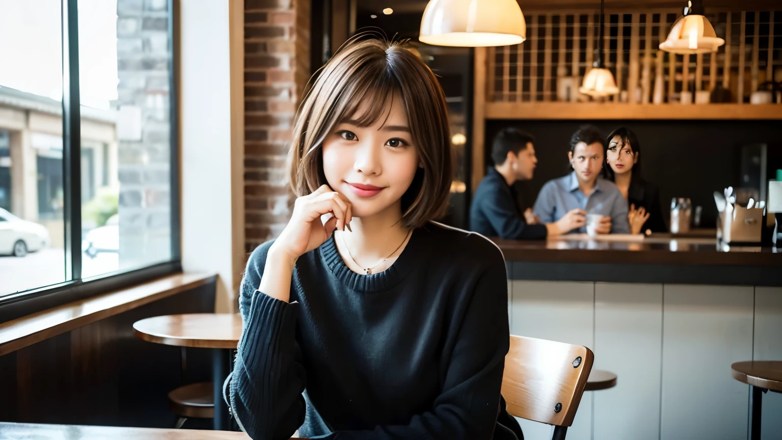 (最high quality、8k、32k、masterpiece:1.2)、A photo of a female college student who looks like a cute model、Normal breasts、Short Bob Hair、Upper Body、Face Focus、Extra Large_sweater、necklace、Looking at the audience、background a trendy coffee shop with a unique aesthetic and atmosphere. Incorporate elements like modern furniture, Artistic decoration, and ambient lighting to enhance the ambiance. People who enjoy drinks々Consider including, engaging in conversation, or quietly working on laptops. Let your creativity flow、In this chic café setting「StableDiffusion」Let the idea come to life, I can see other customers enjoying themselves too..。Inside the cafe、The staff are busy working at the counter..、Feel the vibrancy and warmth of an urban café..., Sharp focus, 1 girl, sexy 1.2, brown hair, With bangs, Beautiful Eyes, 切れ長のBeautiful Eyes, double eyelid, (Cat face), (cute Face), cute Smile, (Shut your mouth.), (cute), Soft Skin, Surreal, Very detailed, high quality, (Beautiful female college student with short hair studying in a cafe), ((Detailed very cute college girl), 