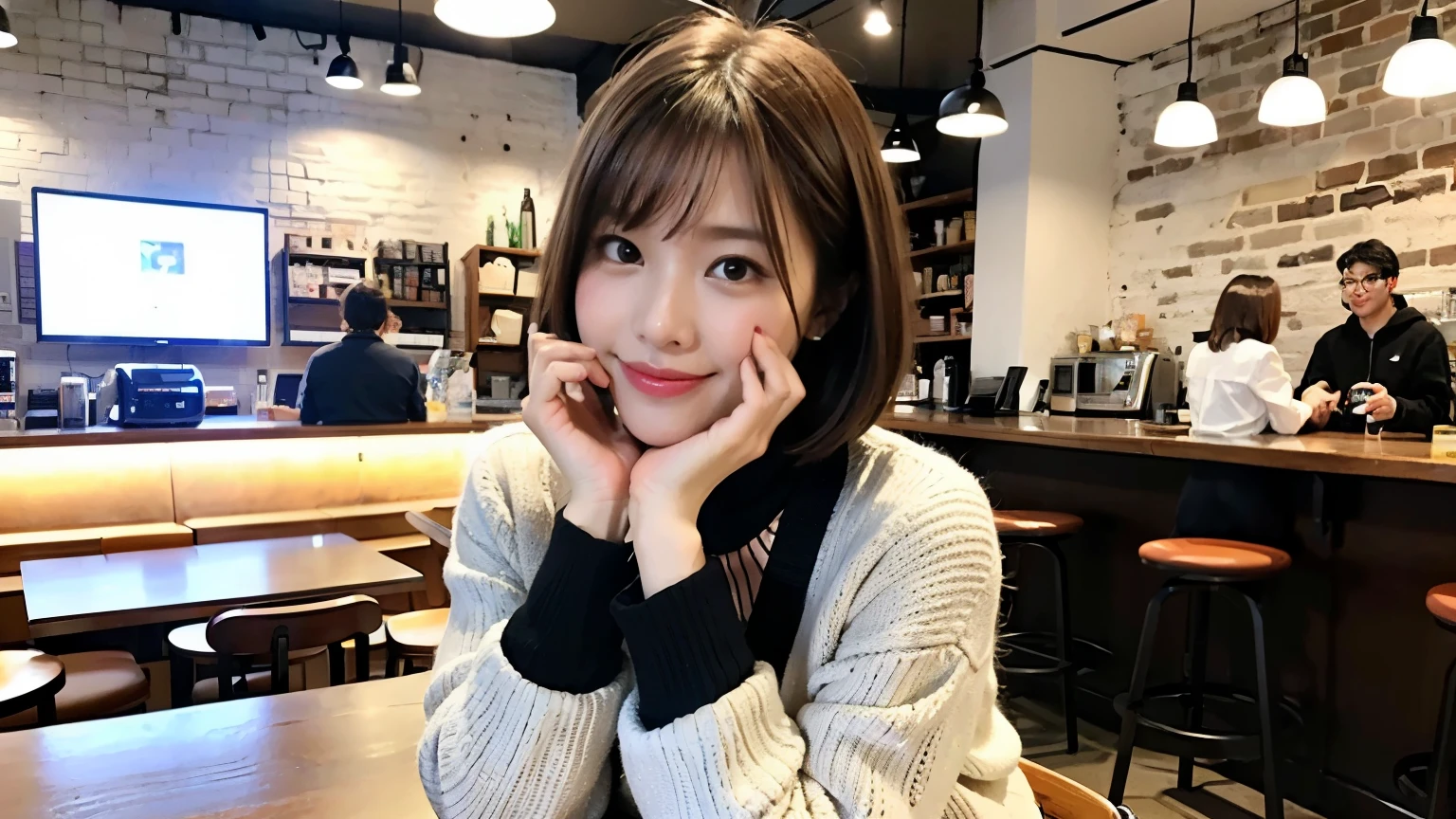 (最high quality、8k、32k、masterpiece:1.2)、A photo of a female college student who looks like a cute model、Normal breasts、Short Bob Hair、Upper Body、Face Focus、Extra Large_sweater、necklace、Looking at the audience、background a trendy coffee shop with a unique aesthetic and atmosphere. Incorporate elements like modern furniture, Artistic decoration, and ambient lighting to enhance the ambiance. People who enjoy drinks々Consider including, engaging in conversation, or quietly working on laptops. Let your creativity flow、In this chic café setting「StableDiffusion」Let the idea come to life, I can see other customers enjoying themselves too..。Inside the cafe、The staff are busy working at the counter..、Feel the vibrancy and warmth of an urban café..., Sharp focus, 1 girl, sexy 1.2, brown hair, With bangs, Beautiful Eyes, 切れ長のBeautiful Eyes, double eyelid, (Cat face), (cute Face), cute Smile, (Shut your mouth.), (cute), Soft Skin, Surreal, Very detailed, high quality, (Beautiful female college student with short hair studying in a cafe), ((Detailed very cute college girl), 