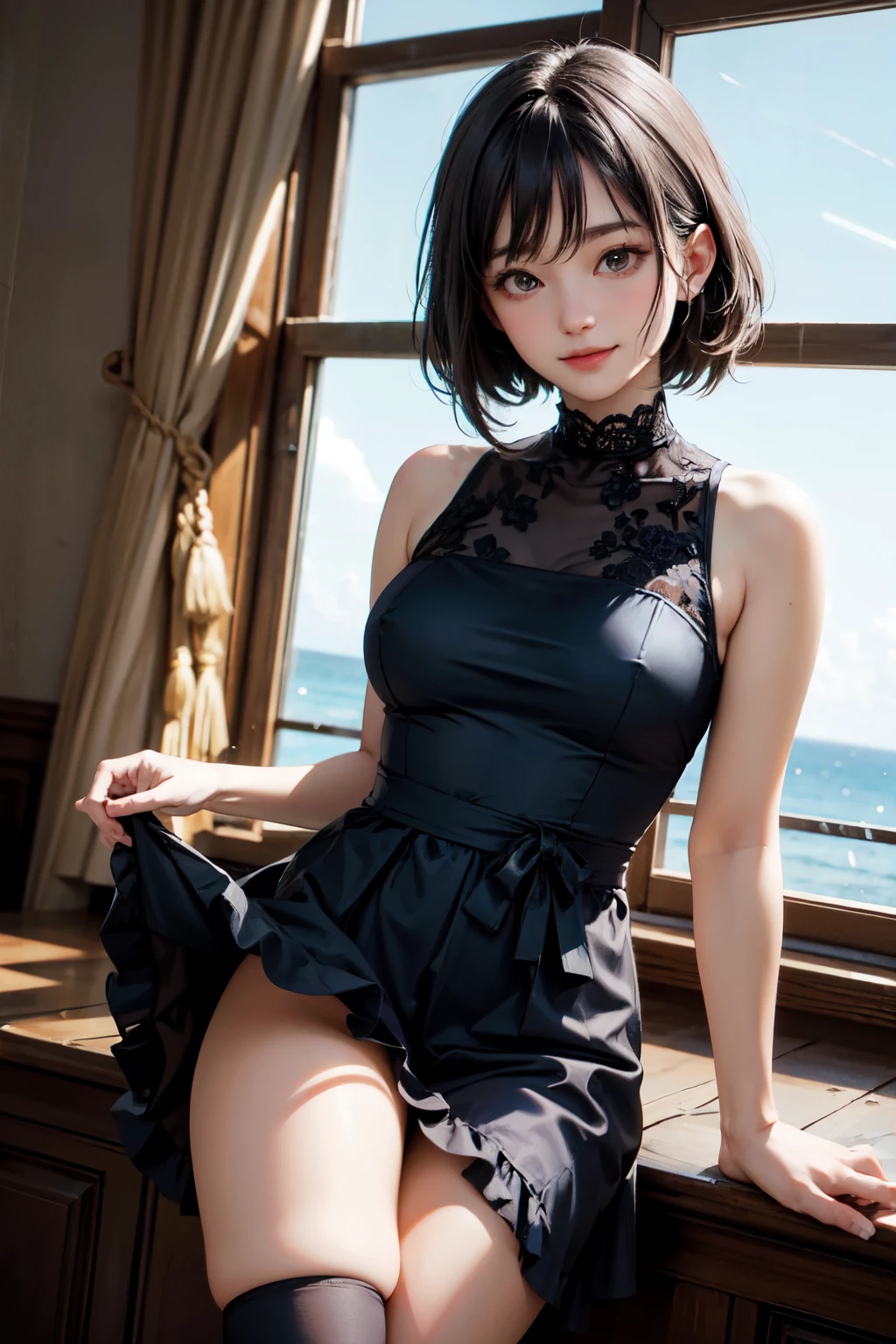 very cute and beautiful girl standing near window, (floral blue summer dress with detailed frills),sleeveless,detailed lace,skirt lift,(white panties), (highly detailed beautiful face),antique hotel bedroom with outside view,distant trees and ocean, cowboy shot,(smile:1.2),sexy expression,looking at viewer,medium hair,black hair, (best quality,masterpiece:1.0),absurdres,highres,ultra-detailed,extremely detailed,32k,8k resolution, intricate details,cinematic scene,detailed background,solo,dynamic angle, natural lighting,light particles,beautiful detailed sky,