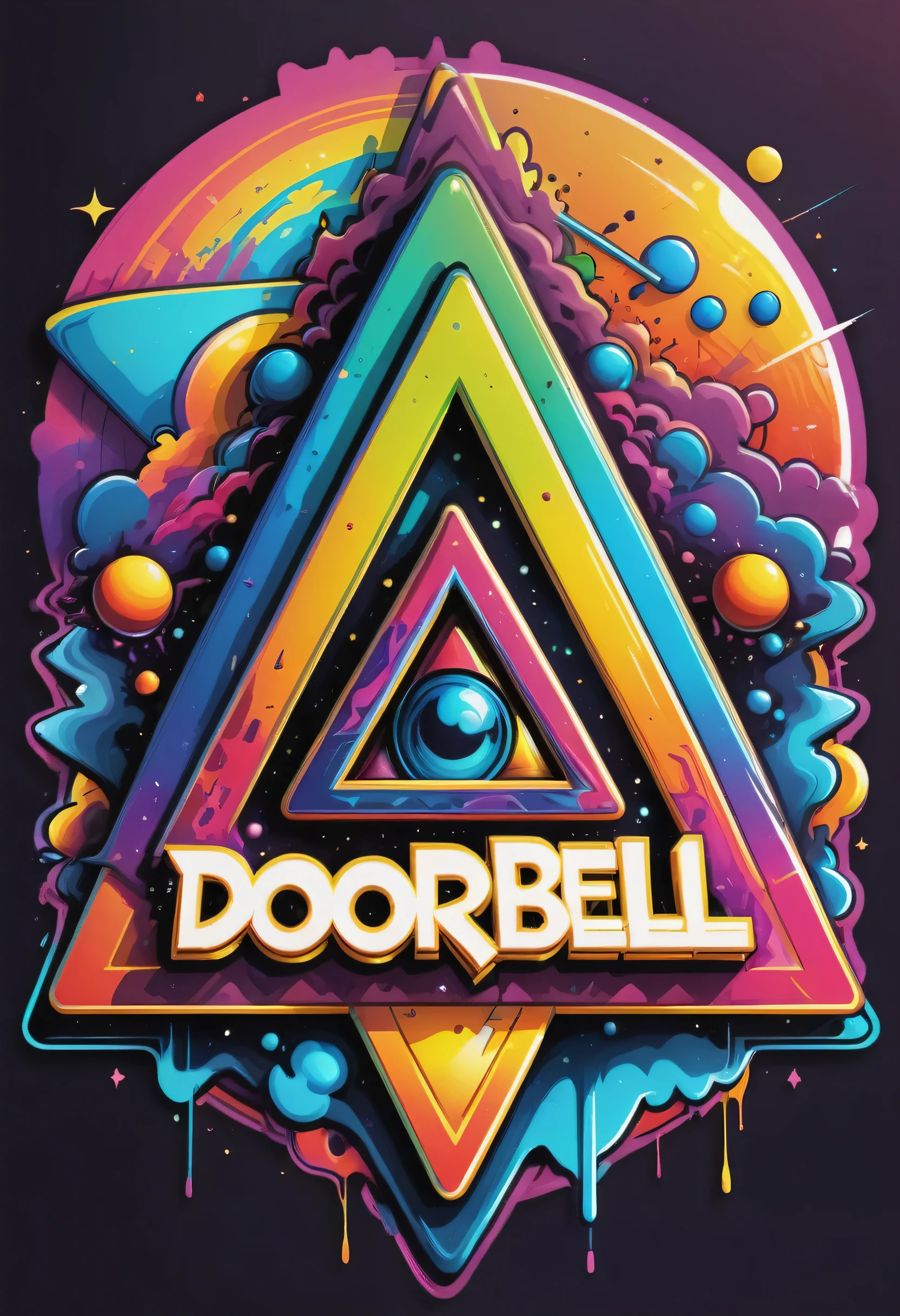 title text banner 'DOORBELL' graffiti font logo artwork, psychedelic art, hallucination colors, vector design, triangle, sticker outline, high resolution, 80's, planet galaksi, 8k, inframe A4