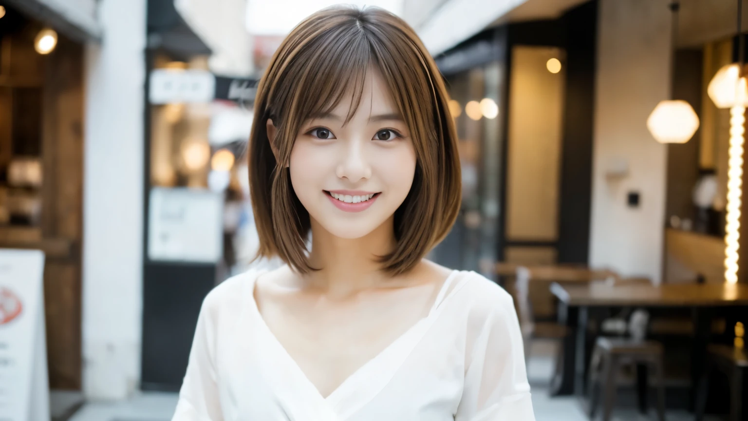 Young Japanese Woman, 30th generation, White Background, Stylish cafe interior background, White brown hair, thin, 4K, 8k, high quality, beauty, smile, Beautiful Eyes, Characterized by simplicity, High resolution,1 person,clean clothes