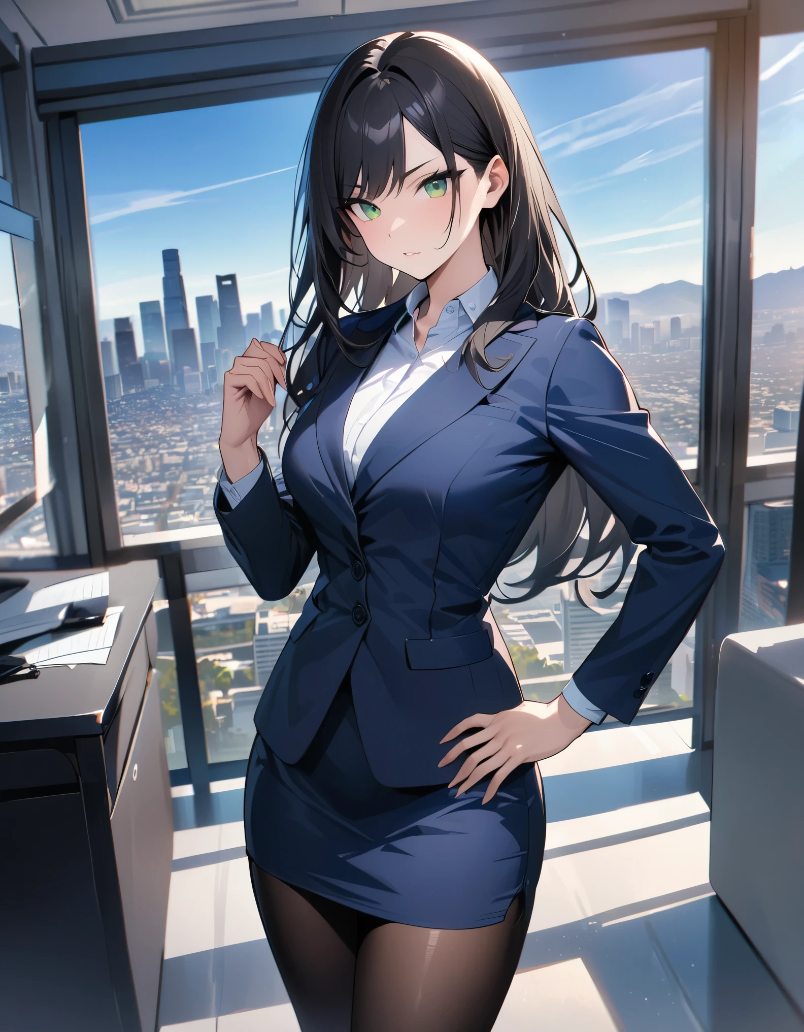 masterpiece, highest quality, solo, solo focus, (perfect face:1.1), (high detail:1.1), office lady, los angeles backdrop, black hair, long hair, green eyes, black pantyhose, blue suit, high heel shoes, pencil skirt, miniskirt, one hand on hip, full body shot, cowboy shot