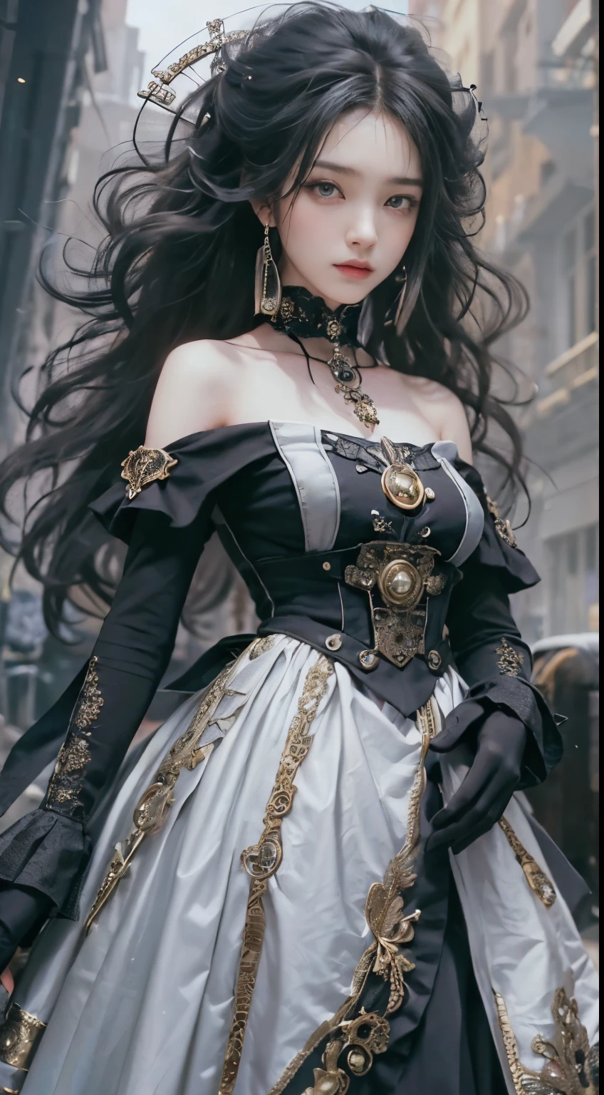 (((Masterpiece, top quality, ultra-detailed))), (((1 Infinity Mage Girl))), 14 years old, (((very detailed face))), small thin nose, small thin-lipped mouth, (((very sharp focused eyes))), very large slit precision pale grey eyes, sparkling like jewels. Very long eyelashes, long black hair in black vertical curls, with fringes, ((Steampunk fashion, Gothic Lolita fashion))