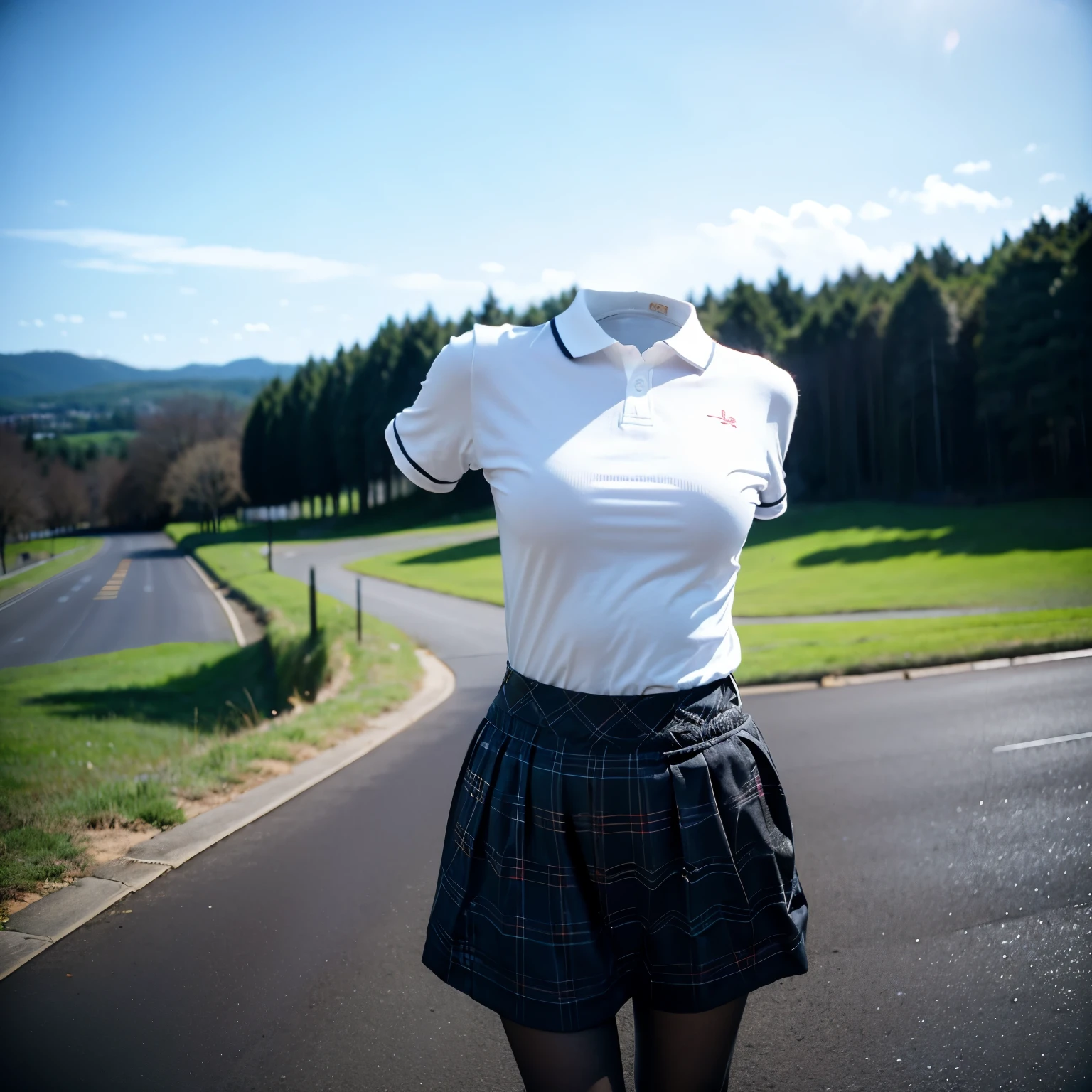 (Arching back), Hold your pee, twisted up by the wind, stripe tie, fat, plaid skirt, (from below), polo shirt, (invisible, no humans, headless, faceless:1.5), cute big breasts, (8k, RAW photo, best quality, masterpiece:1.2), (realistic, photo-realistic:1.37), photon mapping, radiosity, ((Hasselblad photography)), physically-based rendering