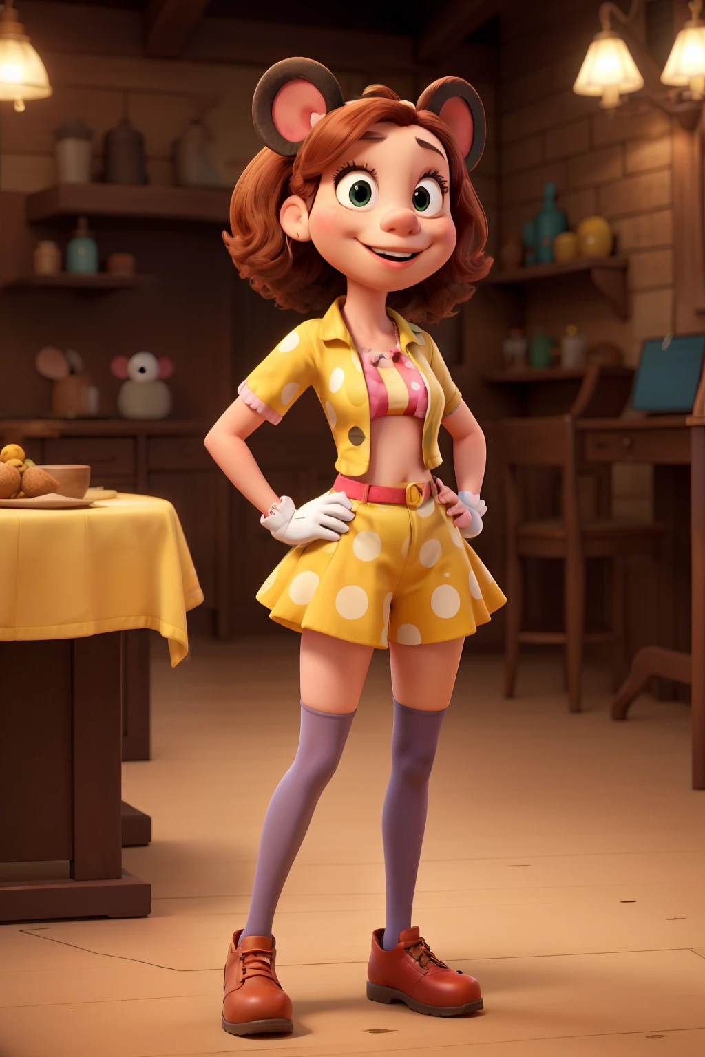 Minnie Mouse character, with SAFARI style clothes in yellow. whole body. Disney style.