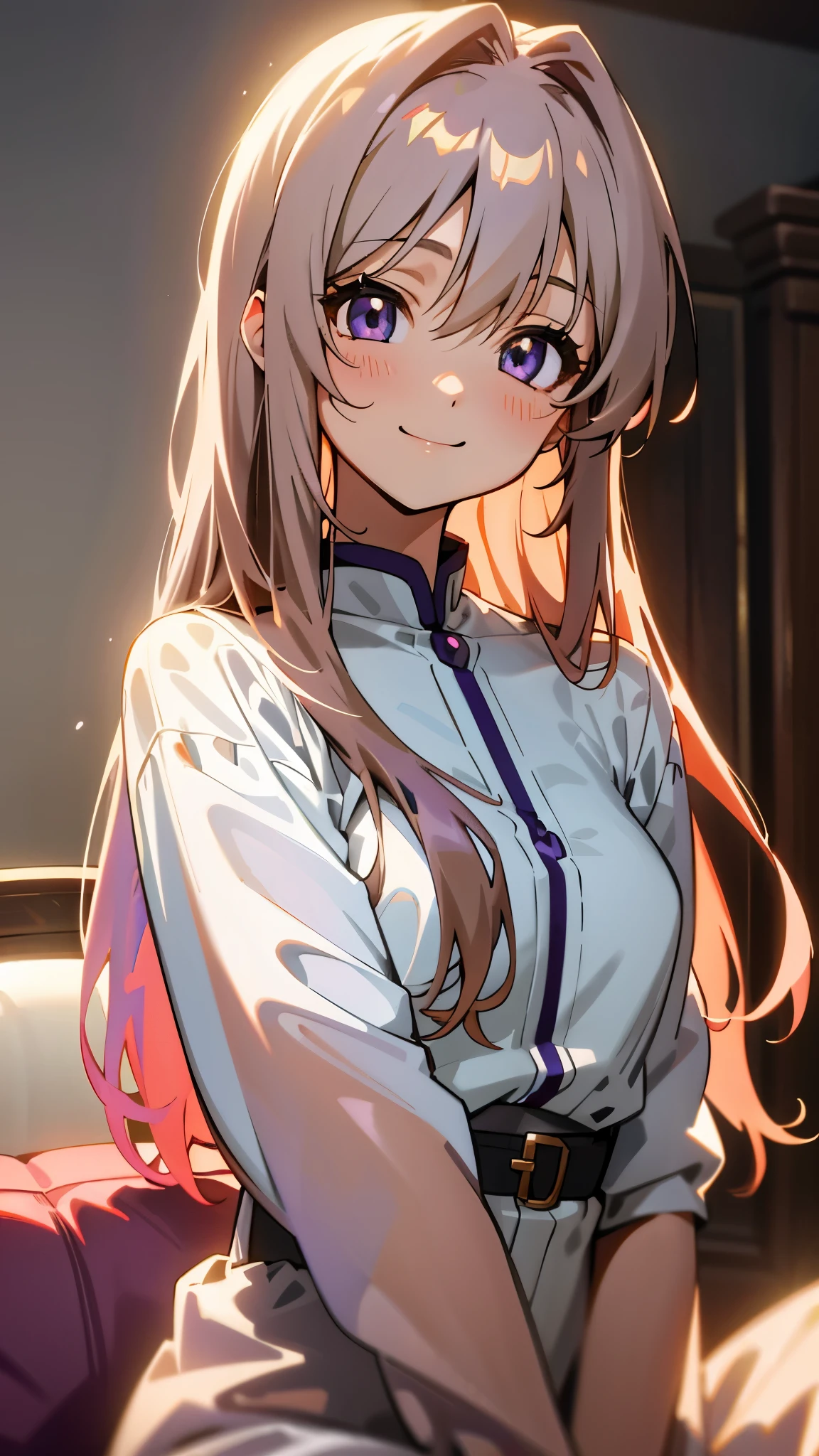 1 girl、Anime Style、美しい light brown hair、beautiful purple beautiful eyes、Long Hair、Transparent Hair、Translucent hair、smile、A strong expression of joy、Upper body close-up、Western-style room、sofa、morning、Lens flare、Shiny, Glowing Skin