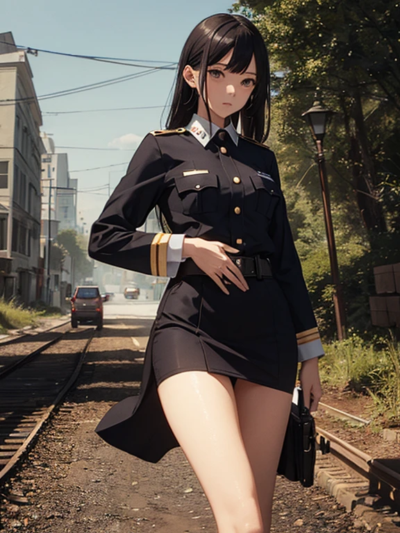 woman　slender　Slender　Small waist　Medium chest　uniform　uniform　Completely naked　Half naked　Light clothing　Huge vibrator　Giant　Handgun　Backwards　Landscape　Prone　