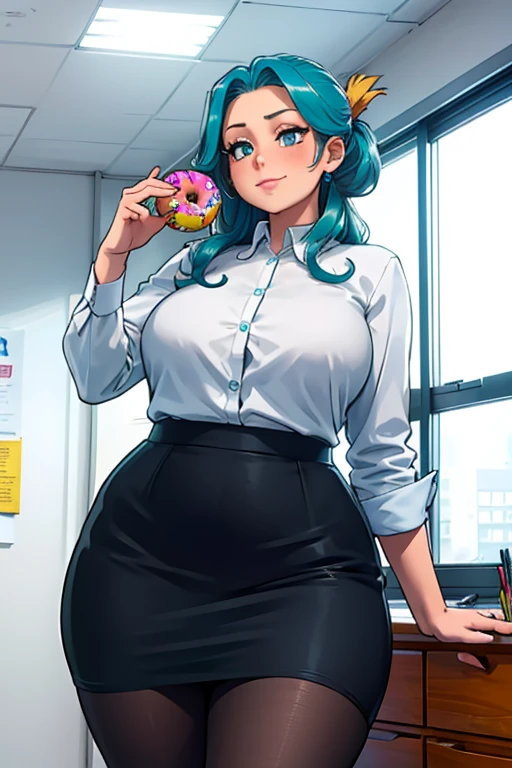 high_aesthetic, art by BetterWithSalt, 1girl, (aqua blue hair), long wavy hair, hair up, blue eyes, light skin, black pencil skirt, dress shirt, (black pantyhose), happy expression, chubby, (holding donut), fancy office background with lots of windows, (cowboy shot), (best quality, masterpiece)