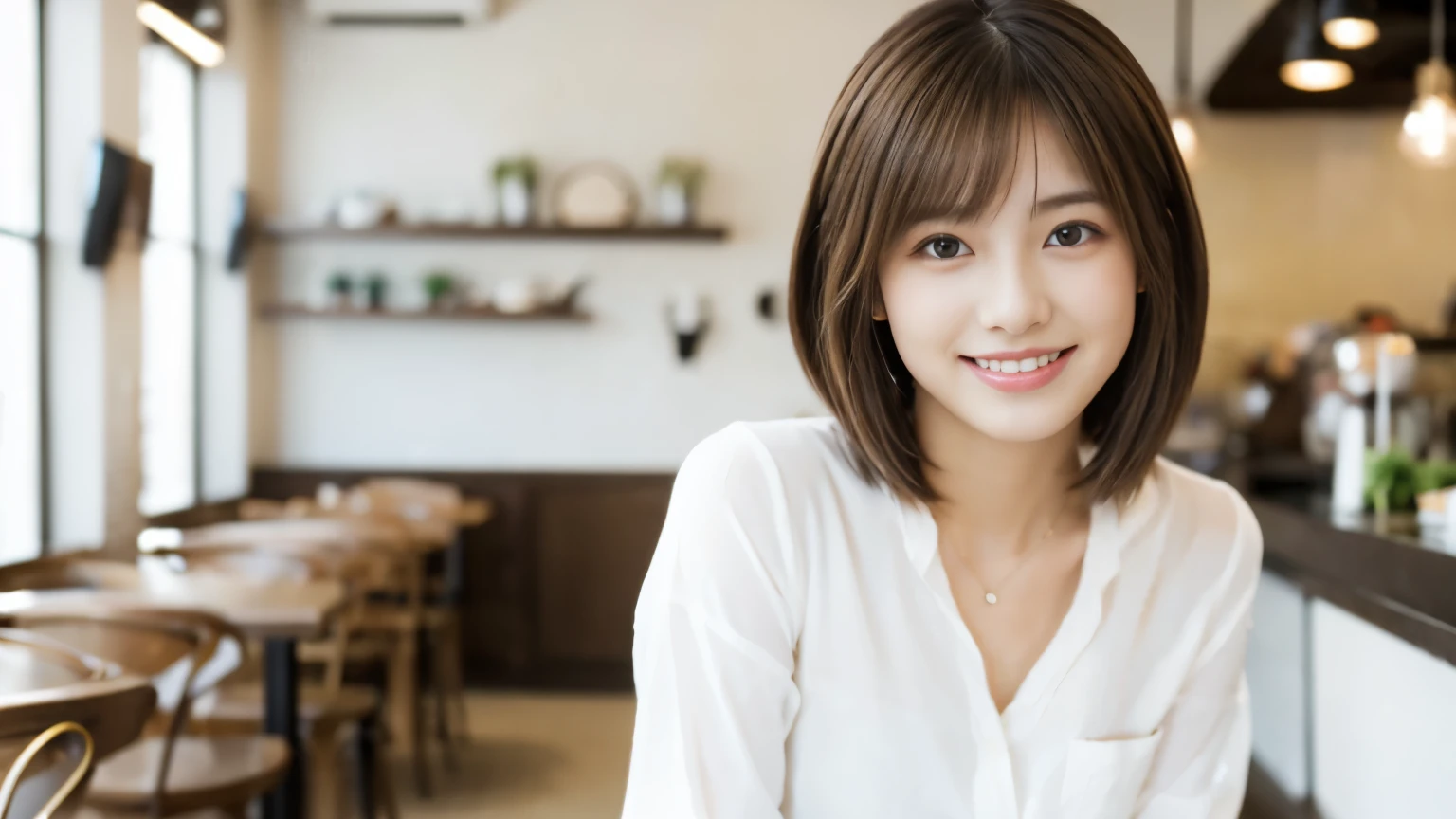 Young Japanese Woman, 30th generation, White Background, Stylish cafe interior background, White brown hair, thin, 4K, 8k, high quality, beauty, smile, Beautiful Eyes, Characterized by simplicity, High resolution,1 person,clean clothes