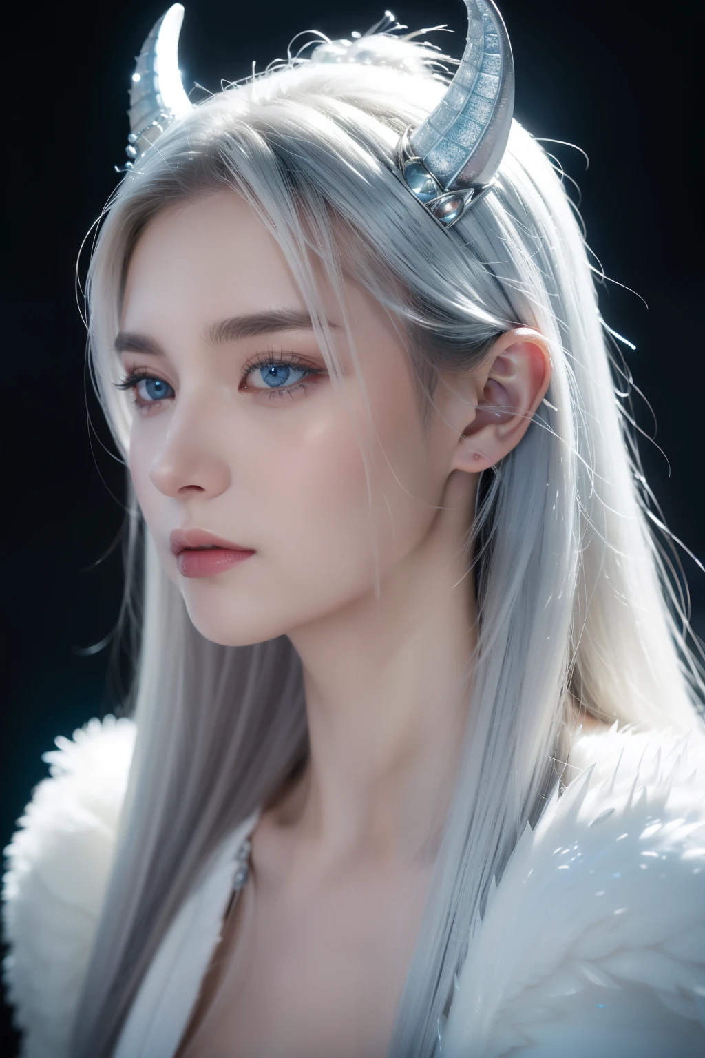 Close-up of a majestic white dragon with pearlescent, silver-edged scales, icy blue eyes, elegant ivory horns, and misty breath. Focus on detailed facial features and textured scales, set against a softly blurred background.