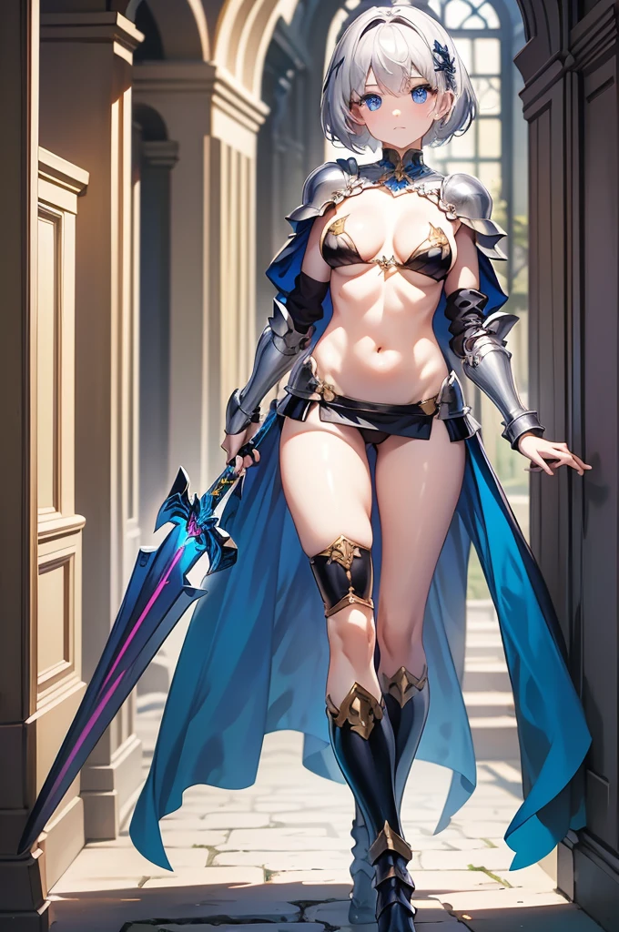 Best quality, 8k, 32k, Masterpiece, ultra-detailed ,super beautiful face,super detaild beautiful eyes,blurry,(perfect fingers,clear face),absolutely resolution,full body,a ager , small face, big eyes, (bright blue eyes), pale skin, shiny skin, (silver hair,short hair, shaggy cut), shiny hair, (slim), long leg, pink cheeks ,big breasts, cleavage, (butterfly hair ornament ),bikiniarmor,female knight,dungeon,castle backgroud