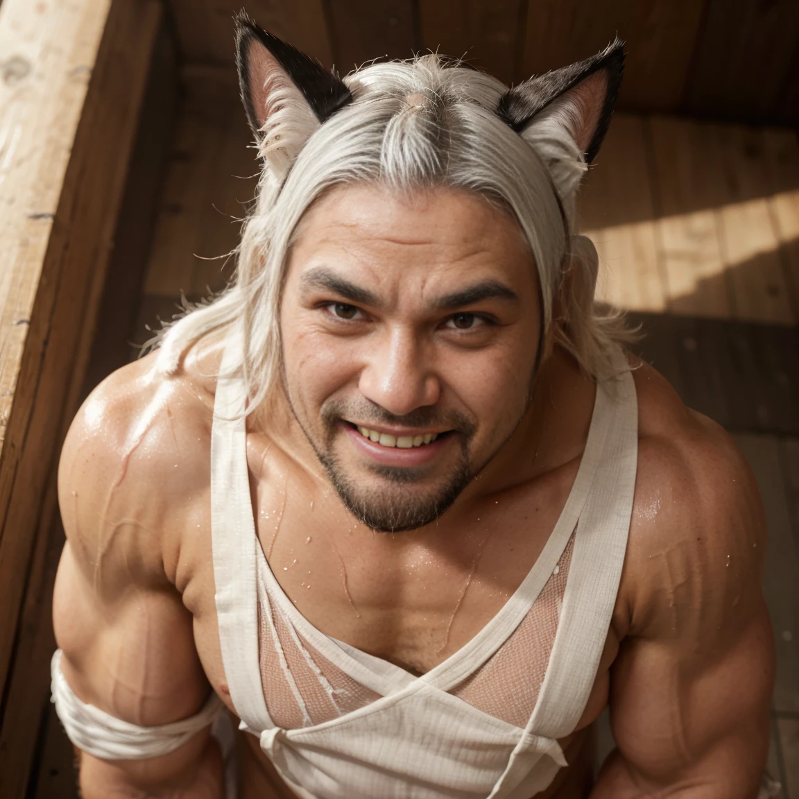 A white-haired muscular old man, muscular, Excessive body hair, white body hair, The upper body is nude, Wearing Fundoshi on the lower body, Sweating all over the body, Fundoshi becomes transparent when wet with sweat, Does not contain any nsfw content, No content that causes blocking, Bodybuilding Muscle, Muscle tightness, Arms wrapped in bandages, Cat's ears on the head, Use your whole body, Seductive demeanor, Standing in horse stance, Put your hands behind your head, white hair, wet hair, tengu mask, mask on head, scar on cheek, wide eyes, eyeball, glaring, animal ears, cat ears, evil smile, smile, grin, smile, licking lips, open mouth, tongue out, v-shaped eyebrows, expressions, seductive smile, doyagao, smirk, full blush, heavy breathing, smug, drooling, happy, laughing, saliva trail, saliva trail, fang, excited, facing another, anger vein, rape face, evil, determined, messy hair, high detail, UHD, masterpiece, ccurate, anatomically correct, textured skin, super detail, high details, high quality, award winning, best quality, highres, 1080P, HD, 8k，solo，1person，real，Japanese，safe for work，completely sfw，beard，beard, temple, Full body portrait, The whole body appears in the painting, Full body picture, The whole body from head to toe appears in the painting