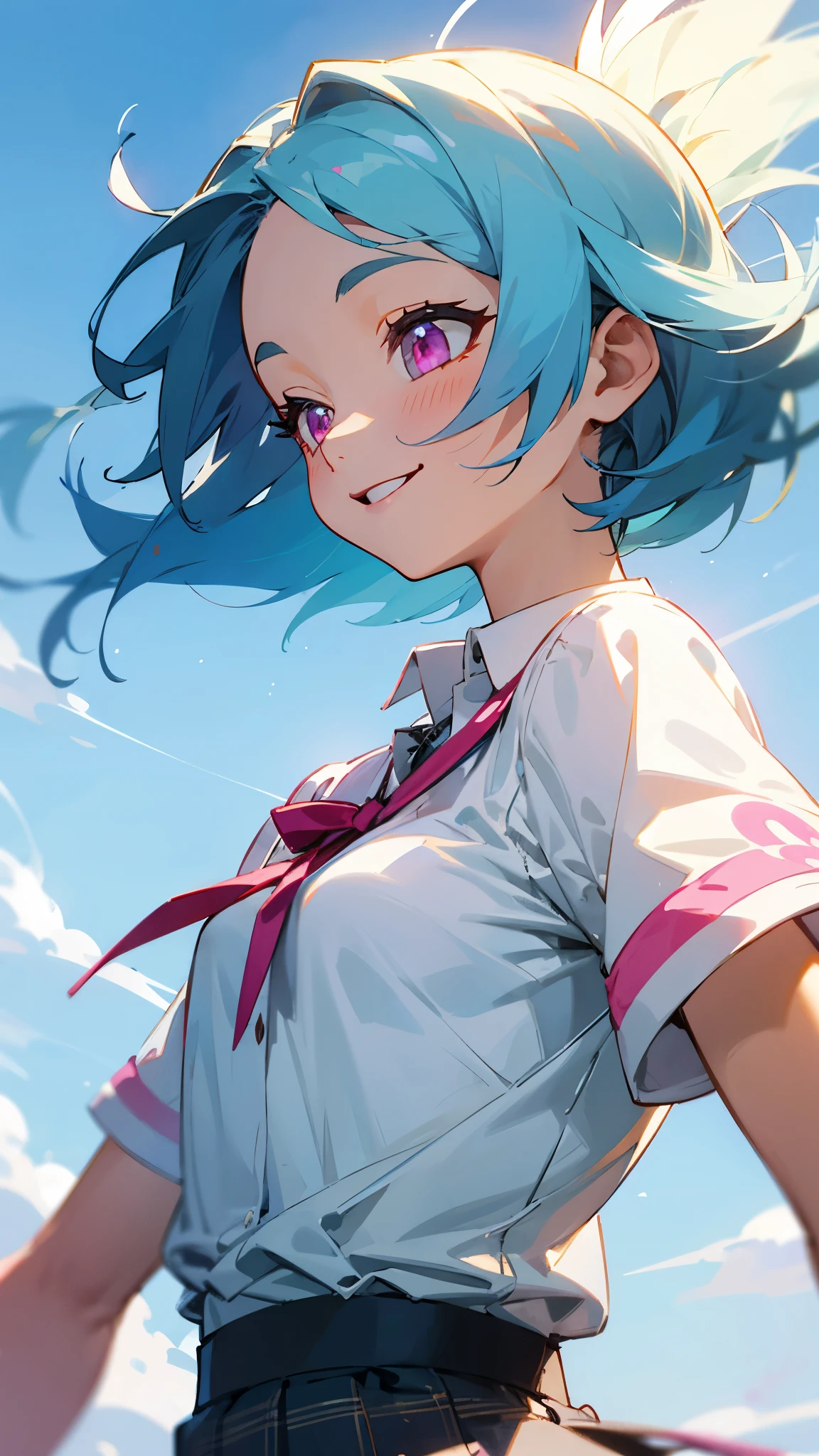 ****************、Light blue hair、Pink Eyes、smile、Small breasts、From the side、white blouse shirt、Checked skirt、Upper body close-up、wood々Under the bright sunlight shining through、Sharp contours