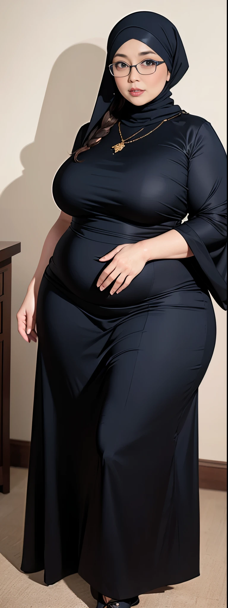 Chubby woman with fat belly and tight thighs, full body, 50-year-old mature woman, thick hips, thick neck, thick chest, big eyes, wearing a longest dress, wearing a hijab, hijabi woman, minako komukai, glasses 