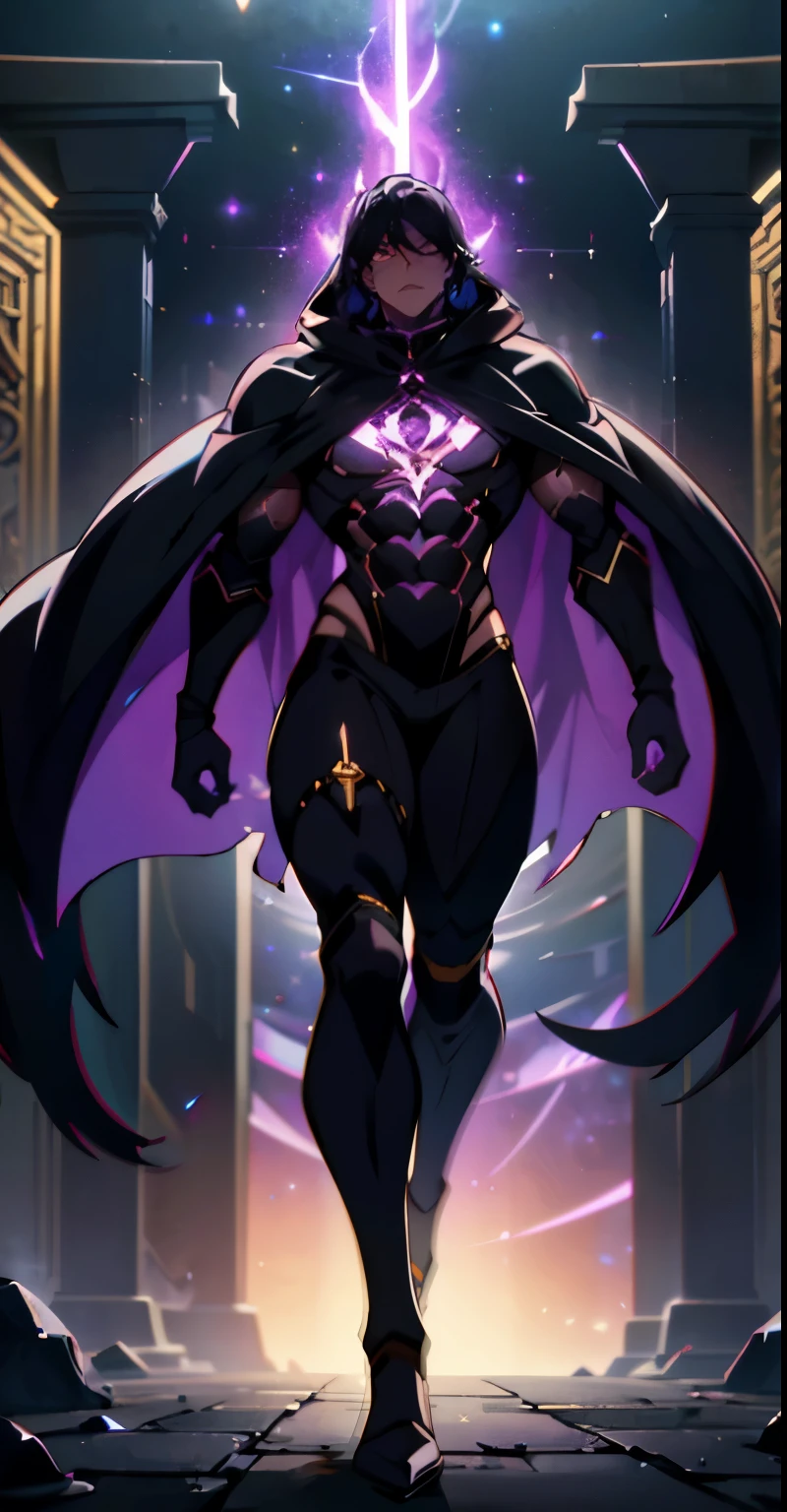 I want you to create a God with all black cosmic Galaxy skin walking through a dark Temple with dreamlike fog. He is wearing a black cape. (Male), strong jawline, 10 pack abs, (black cosmic colored skin),