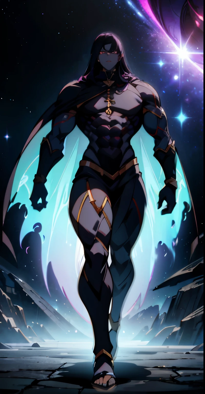 I want you to create a God with all black cosmic Galaxy skin walking through a dark Temple with dreamlike fog. He is wearing a black cape. (Male), strong jawline, 10 pack abs, (black cosmic colored skin),