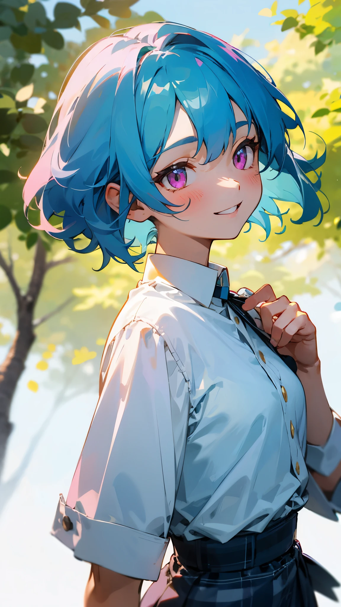 ****************、Light blue hair、Pink Eyes、smile、Small breasts、From the side、white blouse shirt、Checked skirt、Upper body close-up、wood々Under the bright sunlight shining through、Sharp contours