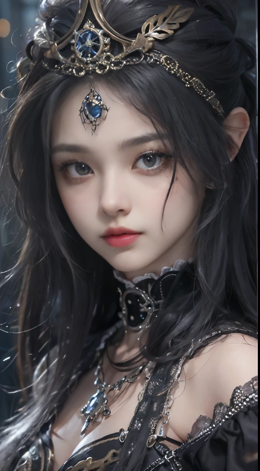 (((Masterpiece, top quality, ultra-detailed))), (((1 Infinity Mage Girl))), 14 years old, (((very detailed face))), small thin nose, small thin-lipped mouth, (((very sharp focused eyes))), very large slit precision pale grey eyes, sparkling like jewels. Very long eyelashes, long black hair in black vertical curls, with fringes, ((Steampunk fashion, Gothic Lolita fashion))