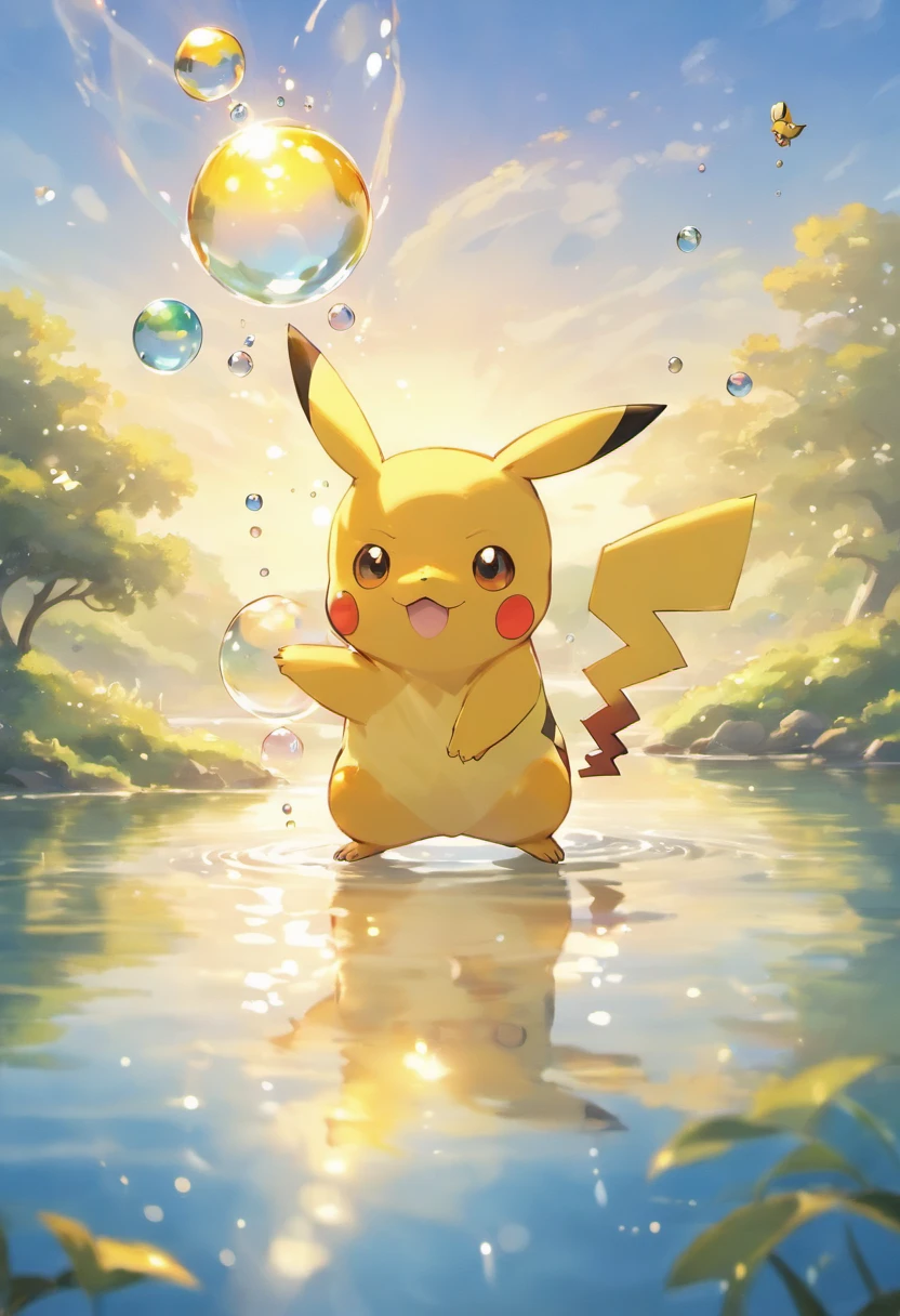 A touching scene in ultra-high definition 3D showcasing Pikachu making a wish beside a tranquil lake. Pikachu, beautifully rendered in detail, is seen gently blowing bubbles into the air, each one carrying a hopeful wish. The bubbles catch the reflection of the setting sun, creating a dreamy, magical effect. The overall atmosphere is tender, filled with hope and serenity