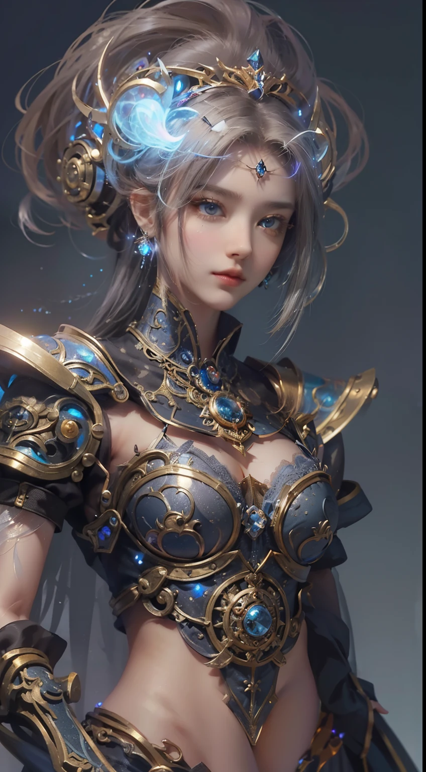 (((Masterpiece, top quality, super detailed))), (((One endless mage girl, , radiating magic))), (((complex mechanical headgear, complex mechanical steampunk fashion and overdecorated gothic fashion and neon glitter cyberpunk fashion fusion of))), bust-up photos, ((((very detailed face))), (((very sharp focused eyes))), very large slit dark gray eyes that shine like jewels. Very long eyelashes, long dark hair in vertical curls, thick bangs, perfect princess cut, very gorgeous tiara, (((perfectly accurate human anatomy))), long neck, narrow shoulders, long slender arms, small breasts, very narrow waist, very small buttocks, long slender legs, (((overall accuracy has been dramatically improved, creating super detailed, realistic and realistic images)))), (((magic, magic spell light, magic weapon))), dynamic poses, cinematic lighting,