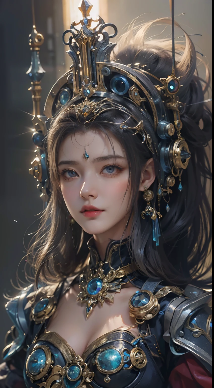 (((Masterpiece, top quality, super detailed))), (((One endless mage girl, 14 years old, radiating magic))), (((complex mechanical headgear, complex mechanical steampunk fashion and overdecorated gothic fashion and neon glitter cyberpunk fashion fusion of))), bust-up photos, ((((very detailed face))), (((very sharp focused eyes))), very large slit dark gray eyes that shine like jewels. Very long eyelashes, long dark hair in vertical curls, thick bangs, perfect princess cut, very gorgeous tiara, (((perfectly accurate human anatomy))), long neck, narrow shoulders, long slender arms, small breasts, very narrow waist, very small buttocks, long slender legs, (((overall accuracy has been dramatically improved, creating super detailed, realistic and realistic images)))), (((magic, magic spell light, magic weapon))), dynamic poses, cinematic lighting,