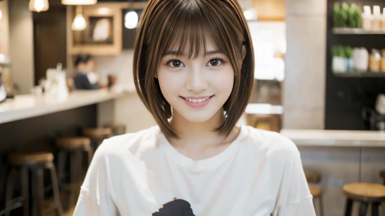 Young Japanese Woman, 30th generation, White Background, Stylish cafe interior background, White brown hair, thin, 4K, 8k, high quality, beauty, smile, Beautiful Eyes, Characterized by simplicity, High resolution,1 person,clean clothes