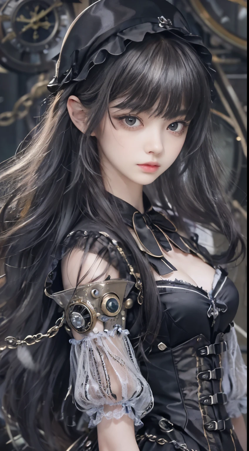 (((Masterpiece, top quality, ultra-detailed))), (((1 Infinity Mage Girl))), , (((very detailed face))), small thin nose, small thin-lipped mouth, (((very sharp focused eyes))), very large slit precision pale grey eyes, sparkling like jewels. Very long eyelashes, long black hair in black vertical curls, with fringes, ((Steampunk fashion, Gothic Lolita fashi