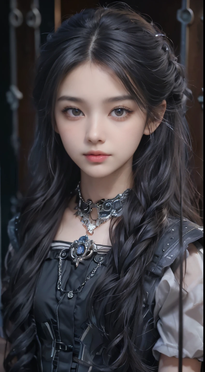 (((Masterpiece, top quality, ultra-detailed))), (((1 Infinity Mage Girl))), , (((very detailed face))), small thin nose, small thin-lipped mouth, (((very sharp focused eyes))), very large slit precision pale grey eyes, sparkling like jewels. Very long eyelashes, long black hair in black vertical curls, with fringes, ((Steampunk fashion, Gothic Lolita fashi
