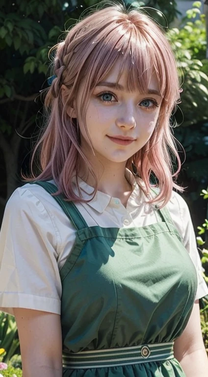 Cute girl,big sized , green colour clothes, white apron, green eyes and pink hair, short skirt, ultra realistic eyes , sunlight and garden background, bright purple eyes, ultra realistic detailed eyes, innocent eyes, looking at camera, beautiful smile, beautiful face,pink colour hair