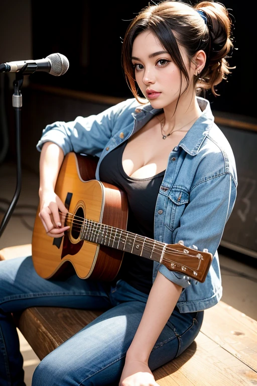 big breasts, cleavage, big ass Valerie Brown wears a stylish, laid-back outfit perfect for a musician, with a denim jacket over a band t-shirt and cargo pants. Pose: Sitting on a stage, guitar in lap, tuning it with a focused expression.