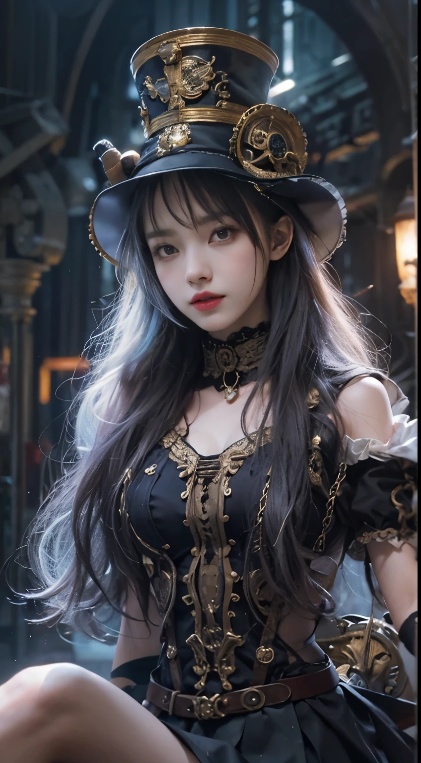 Wizard girl. Very pretty , (((masterpiece, best quality, raw photo, photorealistic, depth of field, ultra detailed, detailed face, very precise eyes))), Dynamic Action Pose, Invoke Magic, Mechanical Magic Weapons, very slender long legs, lace stockings on the knee, steampunk headgear, fluttering lace flared mini skirt, off-shoulder fashion with a fusion of detailed and intricate steampunk and detailed gothic lolita, (((Very slender body, long, thin limbs))), upward and beautiful small breasts, (((Thick bangs))), (((princess cut))), Clean long Black hair, long vertical curly hair, wind driven, futuristic complex steampunk factory background, infinite dark universe, flying celestial bodies, countless celestial neon lights raining down from the heavens, cinematic lighting decoration.