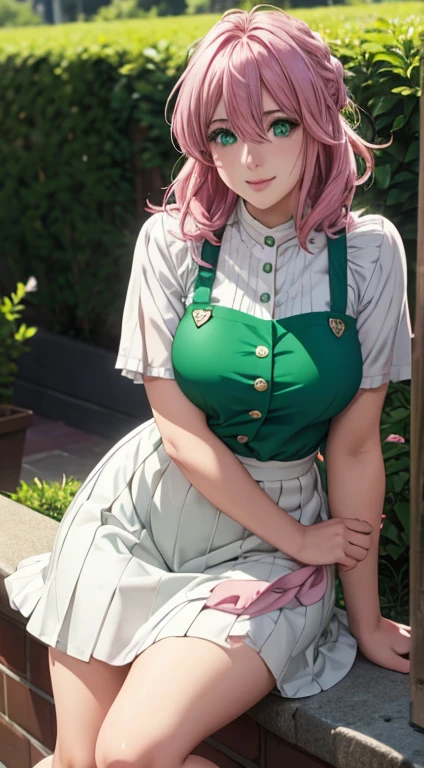 Cute girl,big sized , green colour clothes, white apron, green eyes and pink hair, short skirt, ultra realistic eyes , sunlight and garden background, bright purple eyes, ultra realistic detailed eyes, innocent eyes, looking at camera, beautiful smile, beautiful face,pink colour hair