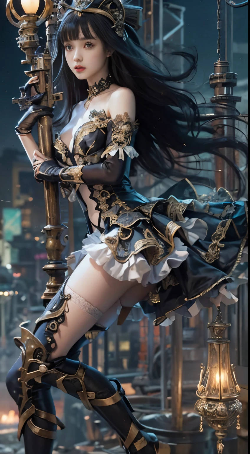 Wizard girl. Very pretty , (((masterpiece, best quality, raw photo, photorealistic, depth of field, ultra detailed, detailed face, very precise eyes))), Dynamic Action Pose, Invoke Magic, Mechanical Magic Weapons, very slender long legs, lace stockings on the knee, steampunk headgear, fluttering lace flared mini skirt, off-shoulder fashion with a fusion of detailed and intricate steampunk and detailed gothic lolita, (((Very slender body, long, thin limbs))), upward and beautiful small breasts, (((Thick bangs))), (((princess cut))), Clean long Black hair, long vertical curly hair, wind driven, futuristic complex steampunk factory background, infinite dark universe, flying celestial bodies, countless celestial neon lights raining down from the heavens, cinematic lighting decoration.