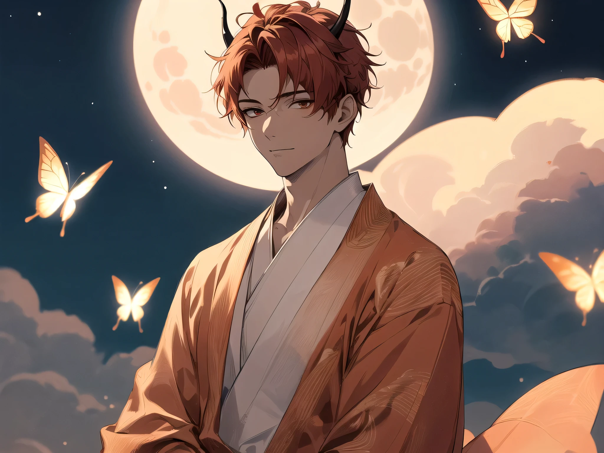 masterpiece,male,one person,Upper Body, Face close-up,Short Red Hair, has horns on its head,Canine,Bright atmosphere, Brown skin, Dressed in a kimono and barefoot,Light Butterfly,Night Full Moon