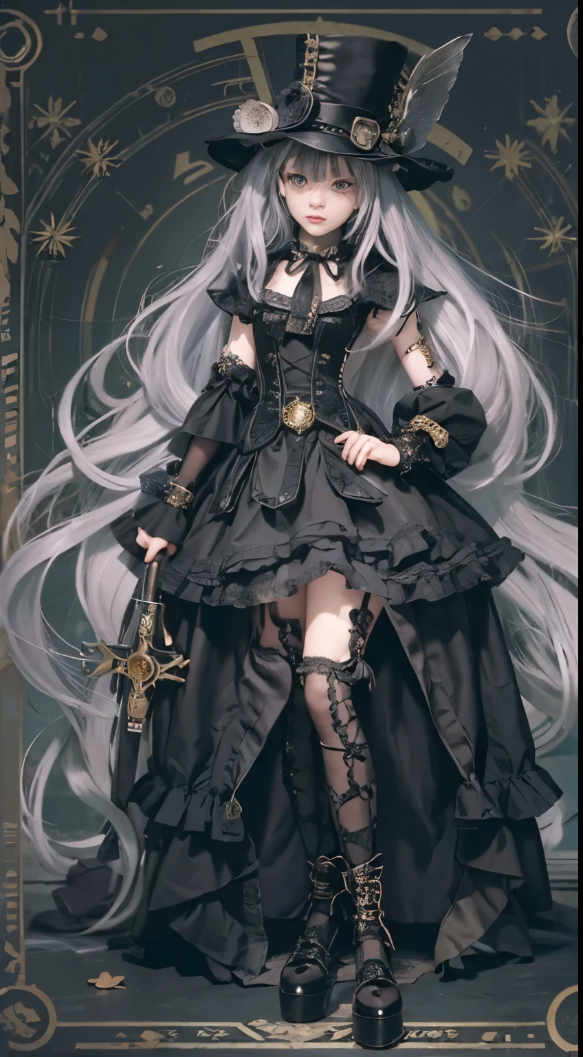 (((Masterpiece, top quality, ultra-detailed))), (((1 Infinity Mage Girl))), , (((very detailed face))), small thin nose, small thin-lipped mouth, (((very sharp focused eyes))), very large slit precision pale grey eyes, sparkling like jewels. Very long eyelashes, (((Thick bangs))), long black hair in black vertical curls, with fringes, ((Steampunk fashion, Gothic Lolita fashion))