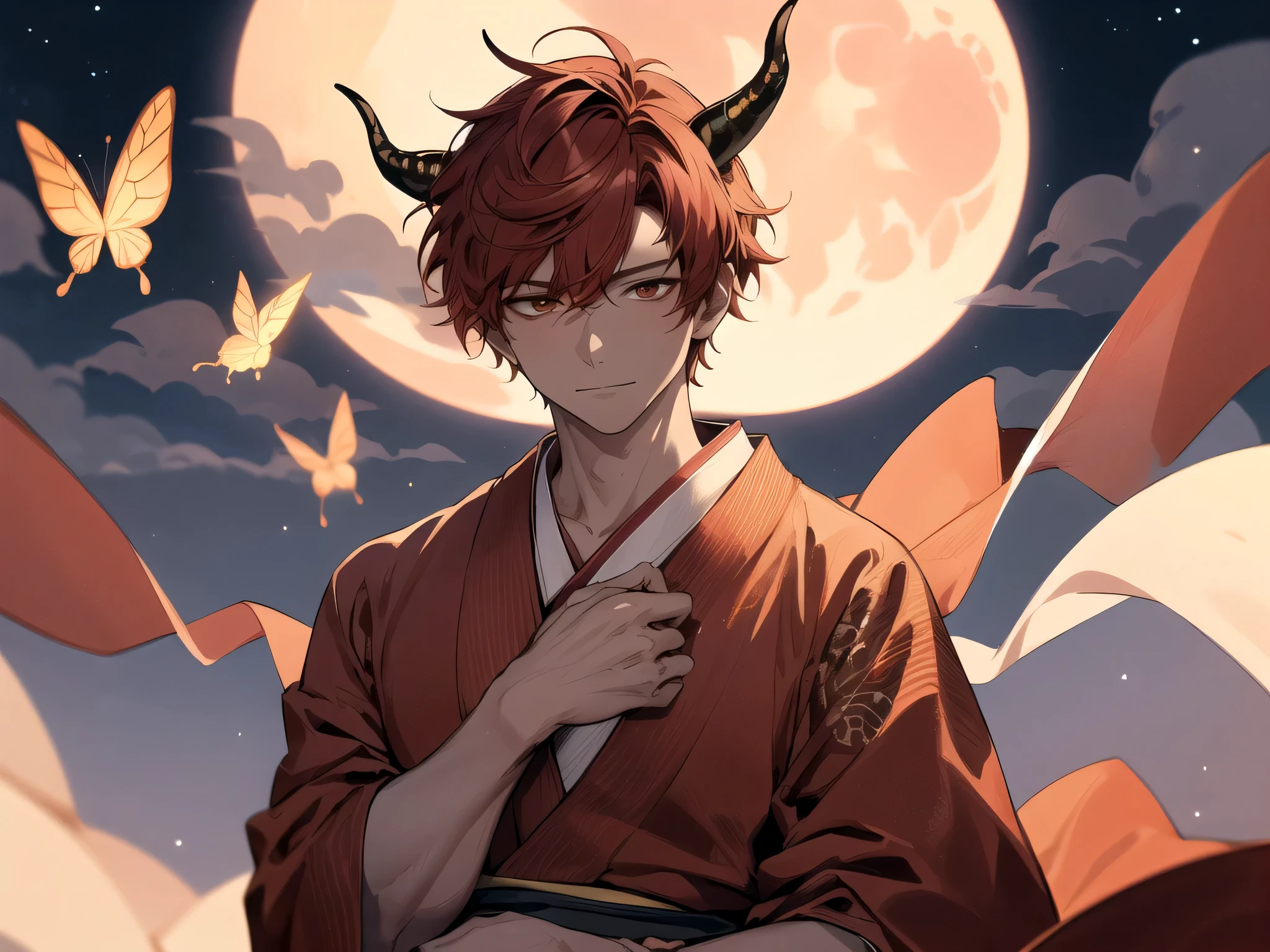 masterpiece,male,one person,Upper Body, Face close-up,Short Red Hair, has horns on its head,Canine,Bright atmosphere, Brown skin, Dressed in a kimono and barefoot,Light Butterfly,Night Full Moon