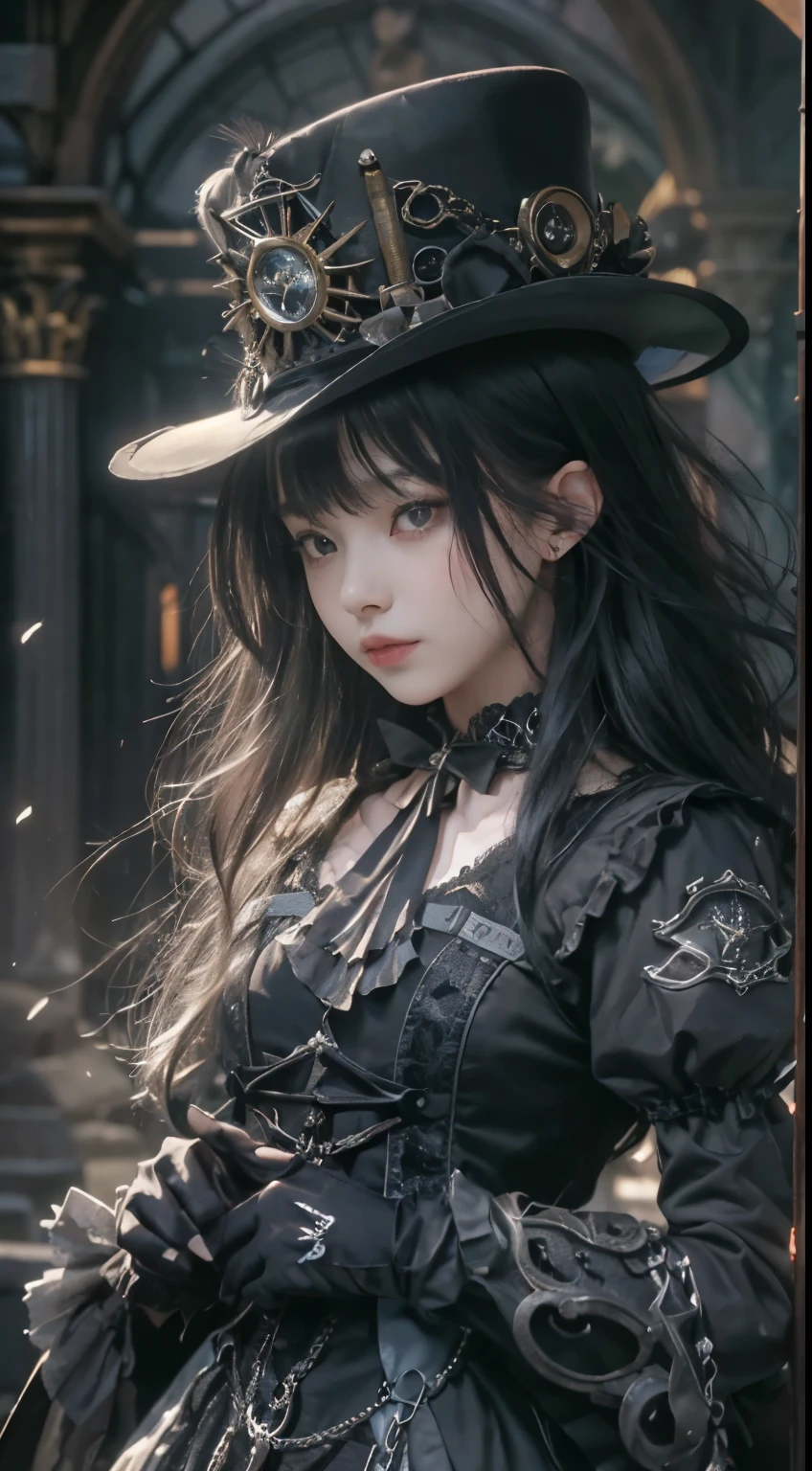 (((Masterpiece, top quality, ultra-detailed))), (((1 Infinity Mage Girl))), , (((very detailed face))), small thin nose, small thin-lipped mouth, (((very sharp focused eyes))), very large slit precision pale grey eyes, sparkling like jewels. Very long eyelashes, long black hair in black vertical curls, with fringes, (((Thick bangs))), ((Steampunk fashion, Gothic Lolita fashion))