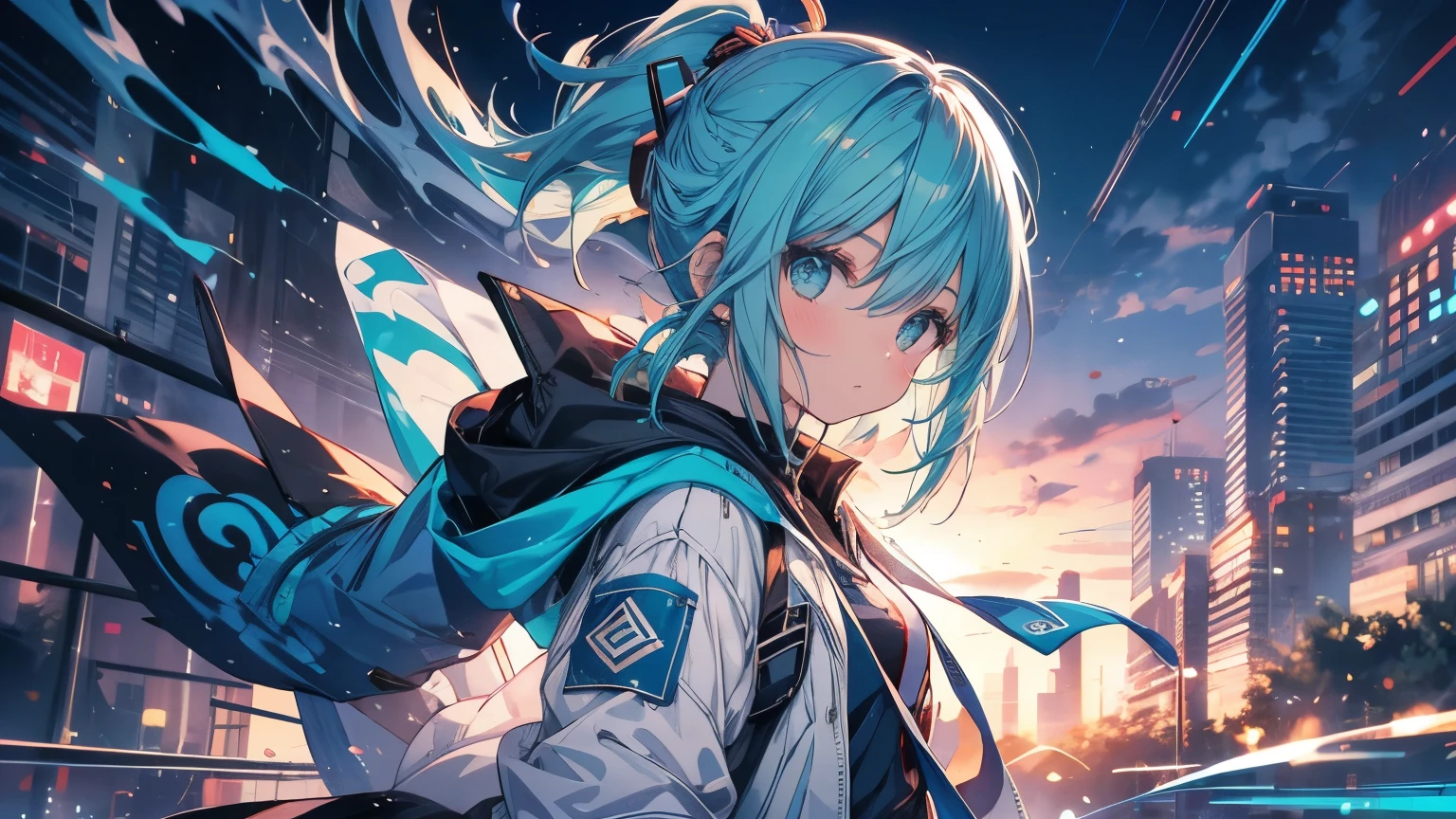 A picture of a girl with blue hair and a blue jacket, rimuru, estilo Anime 2D, Rimuru Tempest's profile picture, rimuru tempest, Anime 2D, Fubuki, Overall photo of Rimuru Storm, short hair, Teal Hair Anime Girl, 2D Art, 2D Art, Ponytail Girl, Blue tie, White shirt, Indigo Jacket, brown belt at the waist..