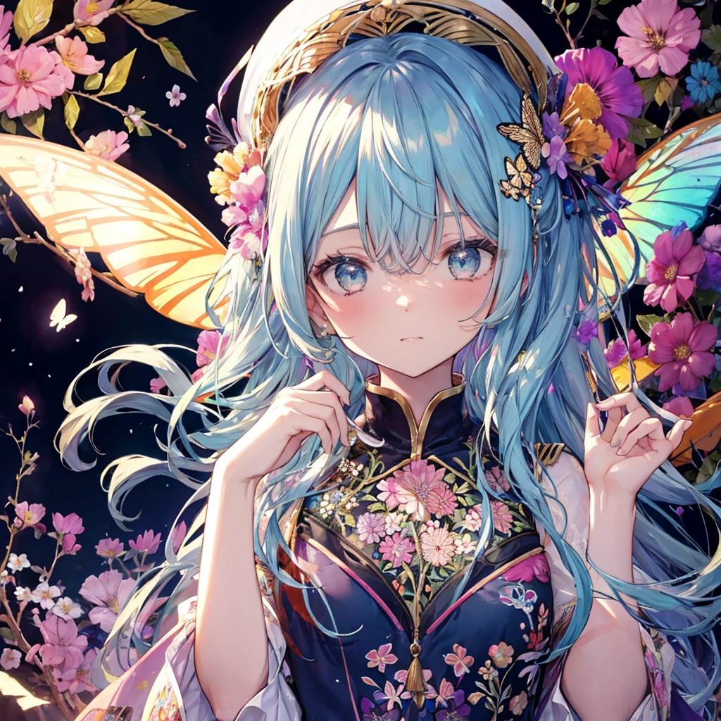a beauty girl, Cute, Cute, Transparent, Beautiful, glinting, Leprechaun、Innocence, talent,Butterfly wings, tinker bell, Gentle, florals, Radiant, splatter step piece, Best Quality, of the highest quality, Official art, Beautiful and aesthetic: 1.2), (One girl: 1.3), Very detailed, (Fractal Art: 1.1), (Colorful: 1.1) (Floral pattern: 1.3) , Highest detail, (Zentangle: 1.2), (Dynamic Pose), (Abstract background: 1), (floral embroidery: 1.4), (Glossy skin), (Polychromatic: 1.4), Upper body, Hair Ornament