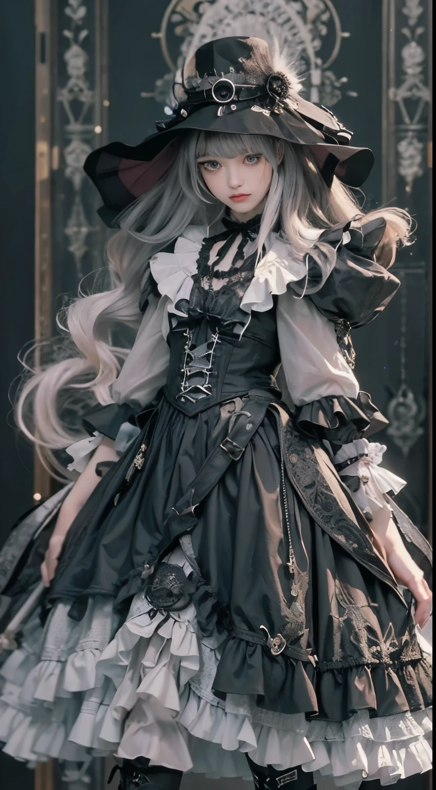 (((Masterpiece, top quality, ultra-detailed))), (((1 Infinity Mage Girl))), 14 years old, (((very detailed face))), small thin nose, small thin-lipped mouth, (((very sharp focused eyes))), very large slit precision pale grey eyes, sparkling like jewels. Very long eyelashes, long black hair in black vertical curls, with fringes, (((Thick bangs))), ((Steampunk fashion, Gothic Lolita fashion))