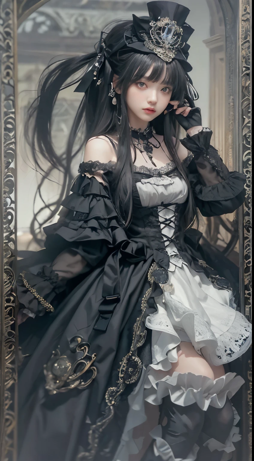 (((Masterpiece, top quality, ultra-detailed))), (((1 Infinity Mage Girl))), , (((very detailed face))), small thin nose, small thin-lipped mouth, (((very sharp focused eyes))), very large slit precision pale grey eyes, sparkling like jewels. Very long eyelashes, long black hair in black vertical curls, with fringes, (((Thick bangs))), ((Steampunk fashion, Gothic Lolita fashion))
