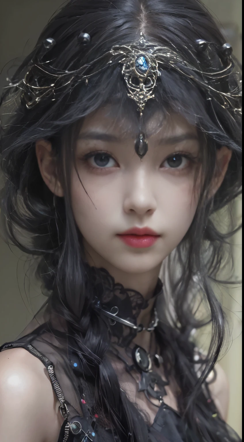 (((Masterpiece, top quality, ultra-detailed))), (((1 Infinity Mage Girl))), , (((very detailed face))), small thin nose, small thin-lipped mouth, (((very sharp focused eyes))), very large slit precision pale grey eyes, sparkling like jewels. Very long eyelashes, long black hair in black vertical curls, with fringes, ((Steampunk fashion, Gothic Lolita fashion))