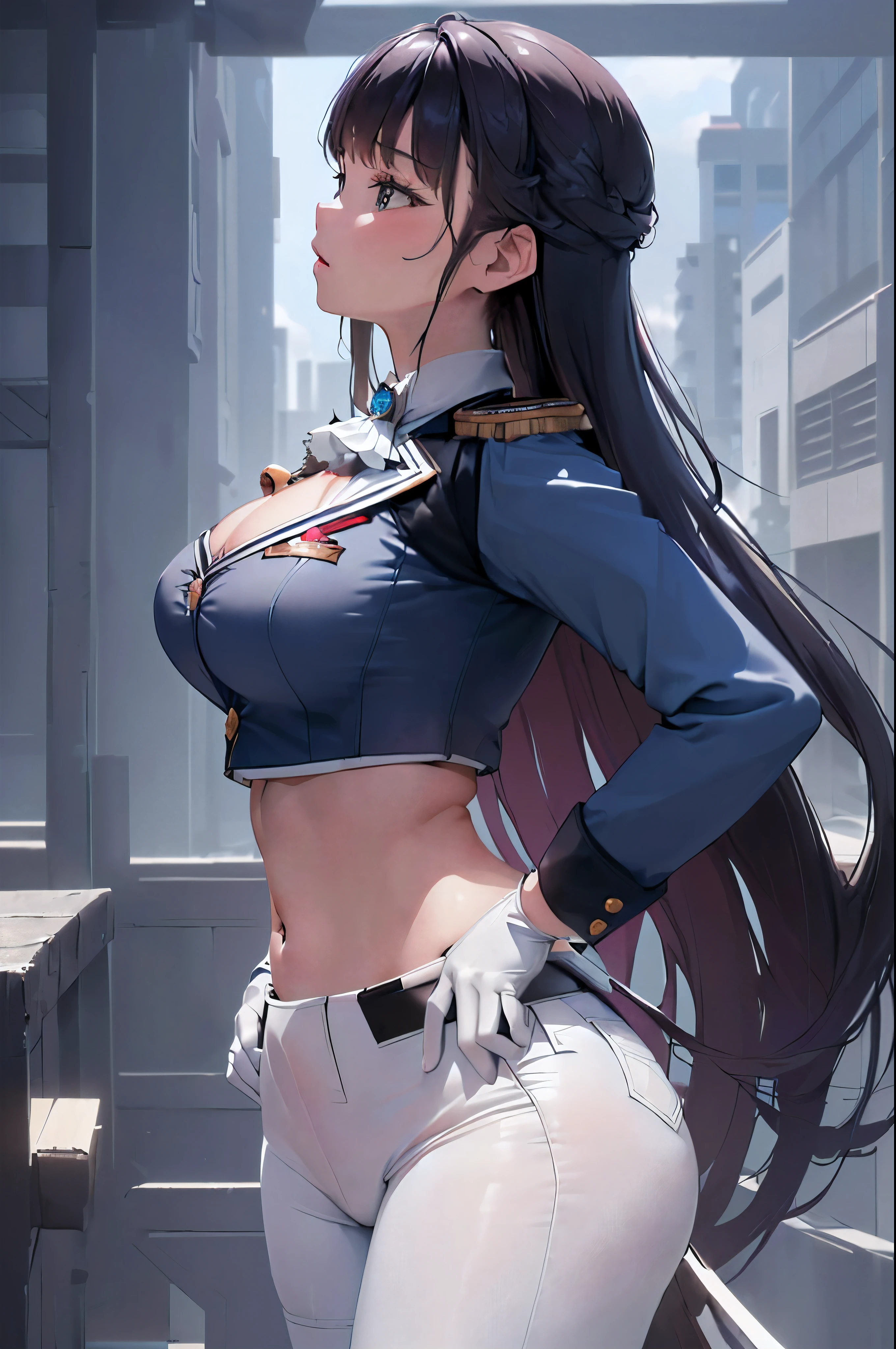 (best quality,absurd res:1.3) , (illustration:1.1) , perfect lighting , beautiful face ,25years old , (solo) ,(bokeh photography:1.1), marciana,  blue jacket, epaulettes , crop top, midriff, navel, (white pants), white gloves, long hair , large breasts, wide hips , outdoor , city  , (side view:1.3), sexy , (bare hands)