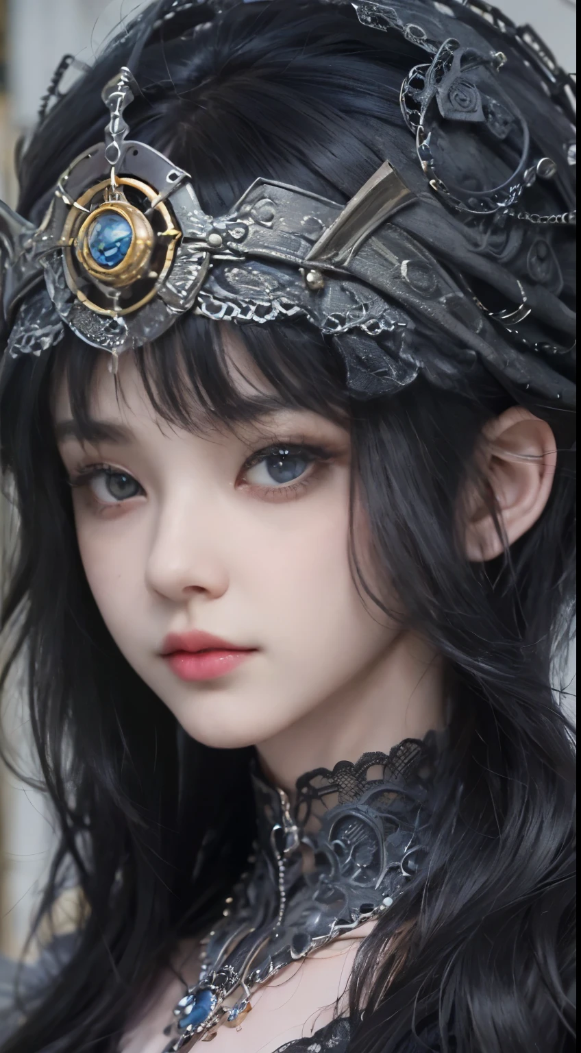(((Masterpiece, top quality, ultra-detailed))), (((1 Infinity Mage Girl))), , (((very detailed face))), small thin nose, small thin-lipped mouth, (((very sharp focused eyes))), very large slit precision pale grey eyes, sparkling like jewels. Very long eyelashes, long black hair in black vertical curls, with fringes, ((Steampunk fashion, Gothic Lolita fashi