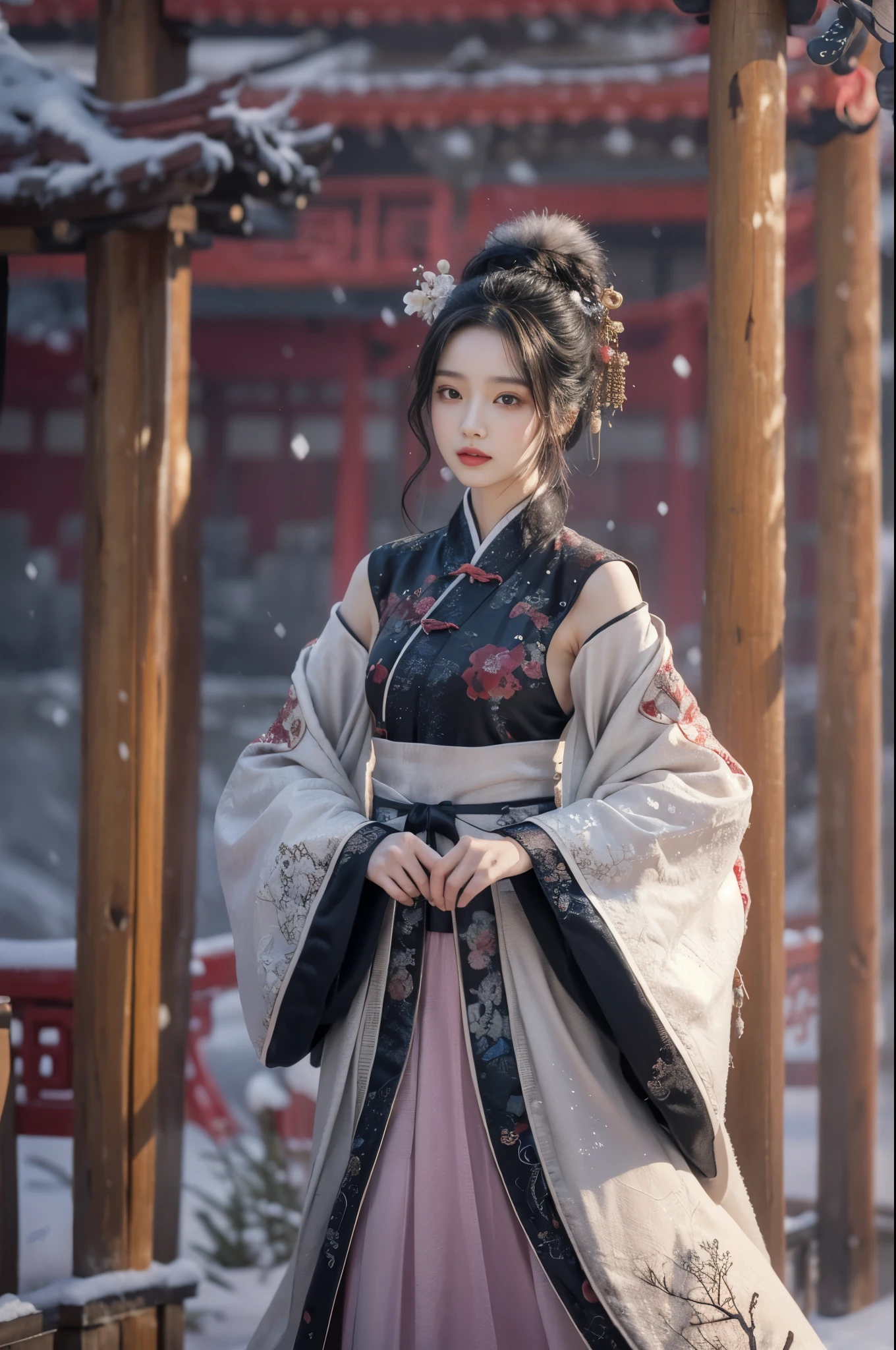 best quality, masterpiece, high resolution,8k,(Realistically:1.4),超high resolution,1 girl,(Black transparent, Lace),(Ultra-realistic skin maps), Ultra Detailed, Surreal, Highly detailed CG illustrations, official art, Movie Lighting, Practical, Young beautiful girl, Perfect body, Perfect body, Full view, Perfect body,enjoy expression,(Start from below:1.3), Sexy pose, Sexy long legs, confidence, Beautiful and sexy, (Gorgeous Chinese Hanfu,cropped shoulder,S-Shape Pose, blush, Chapped lips, View Viewer , half body shot , (fur-edged cloak) ,(Chinese pavilions),It snowed heavily,The ground is covered with snow,
