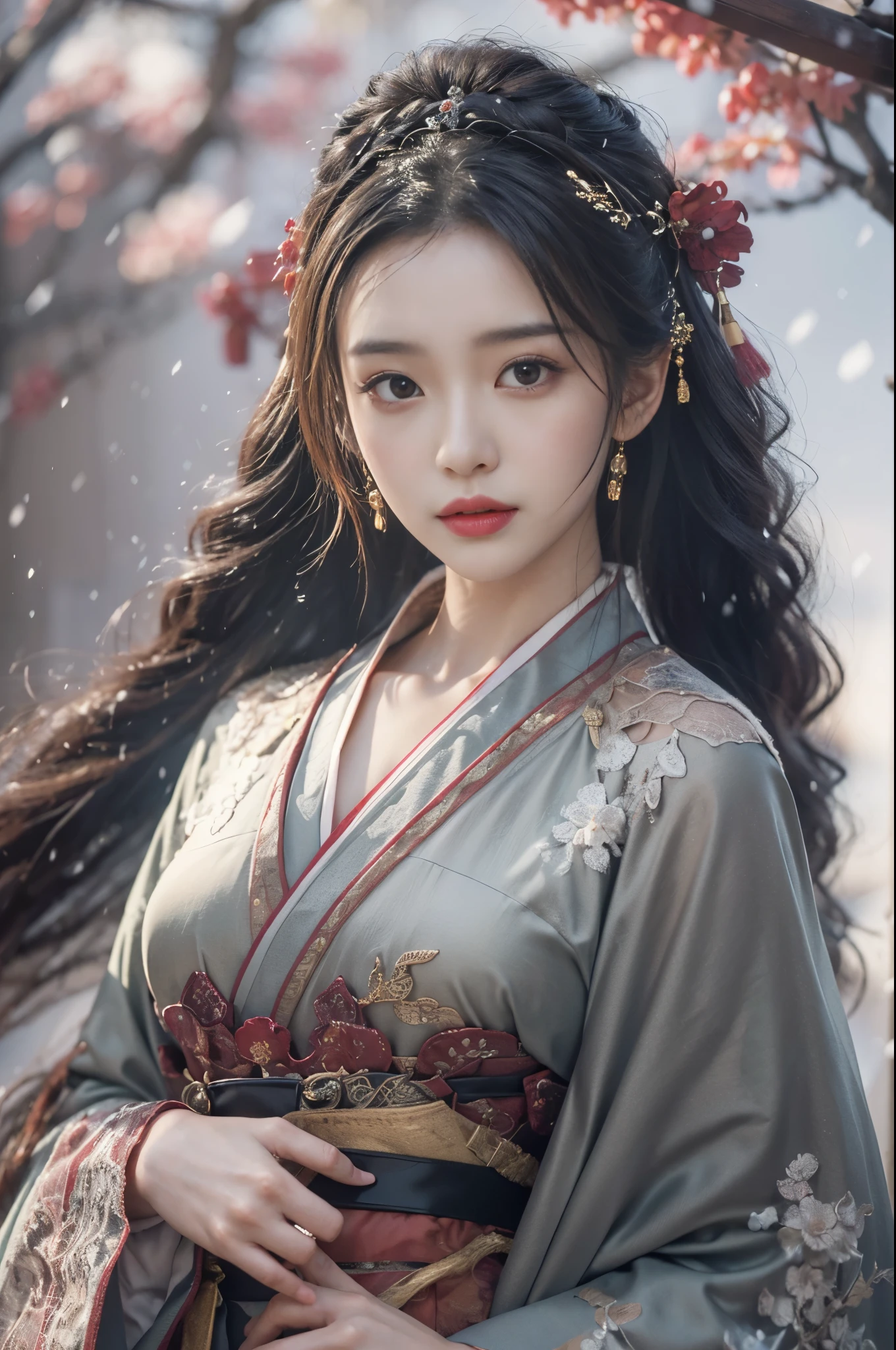 best quality, masterpiece, high resolution,8k,(Realistically:1.4),超high resolution,1 girl,(Black transparent, Lace),(Ultra-realistic skin maps), Ultra Detailed, Surreal, Highly detailed CG illustrations, official art, Movie Lighting, Practical, Young beautiful girl, Perfect body, Perfect body, Full view, Perfect body,enjoy expression,(Start from below:1.3), Sexy pose, Sexy long legs, confidence, Beautiful and sexy, (Gorgeous Chinese Hanfu,cropped shoulder,S-Shape Pose, blush, Chapped lips, View Viewer , half body shot , (fur-edged cloak) ,(Chinese pavilions),It snowed heavily,The ground is covered with snow,