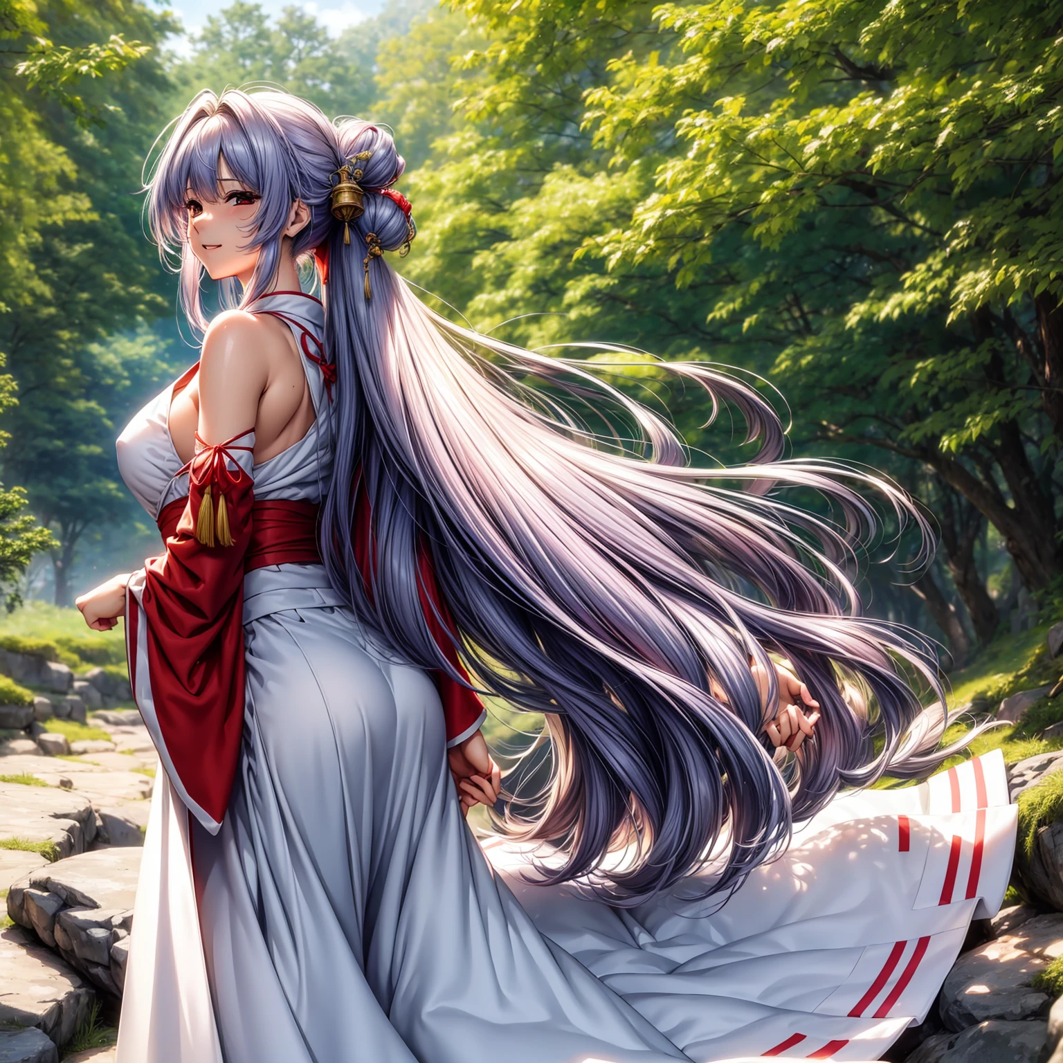 (((highest quality、masterpiece、Very high resolution、High-definition images)))、Beauty Painting、(One strong, beautiful woman:18-year-old、Beautiful body:Slender, beautiful breasts and beautiful legs、Beautiful Face:smile、eyes with strong will,Beautiful Hair)、best skin and hair texture,Realistic skin texture,realistic hair texture、(shrine maiden costume:White:scarlet hakama,Purple Hair,Shoulders and chest are exposed)、Beautiful shrine、Beautiful pine tree、Beautiful sky、Natural light、Beautiful viewodel pose、Beautiful pose、Model shoot、Gravure photoshoot、(((The wind is blowing))),Accurate Images:1.5、Accurate anatomy:1.5、Flawless images、Perfect image、Overall image、(Best Shot、Raw photo、Photorealistic)1