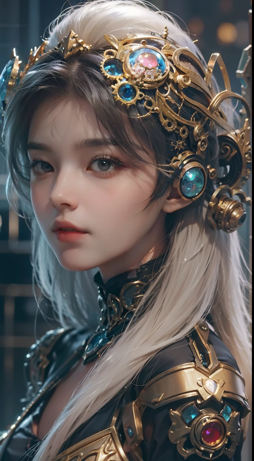 (((Masterpiece, top quality, super detailed))), (((One endless mage girl, 14 years old, radiating magic))), (((complex mechanical headgear, complex mechanical steampunk fashion and overdecorated gothic fashion and neon glitter cyberpunk fashion fusion of))), bust-up photos, ((((very detailed face))), (((very sharp focused eyes))), very large slit dark gray eyes that shine like jewels. Very long eyelashes, long dark hair in vertical curls, thick bangs, perfect princess cut, very gorgeous tiara, (((perfectly accurate human anatomy))), long neck, narrow shoulders, long slender arms, small breasts, very narrow waist, very small buttocks, long slender legs, (((overall accuracy has been dramatically improved, creating super detailed, realistic and realistic images)))), (((magic, magic spell light, magic weapon))), dynamic poses, cinematic lighting,