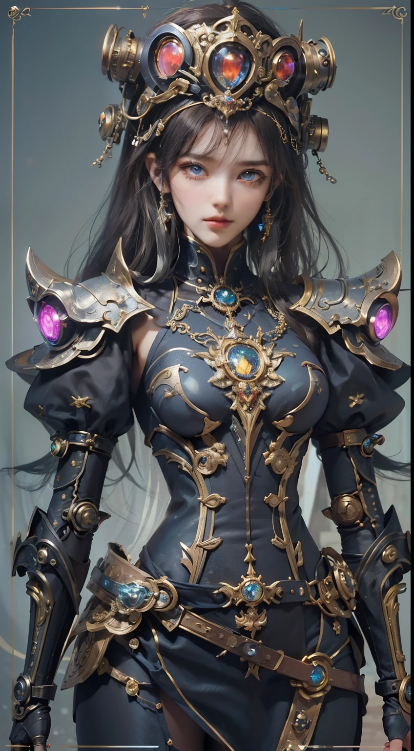 (((Masterpiece, top quality, super detailed))), (((One endless mage girl, , radiating magic))), (((complex mechanical headgear, complex mechanical steampunk fashion and overdecorated gothic fashion and neon glitter cyberpunk fashion fusion of))), bust-up photos, ((((very detailed face))), (((very sharp focused eyes))), very large slit dark gray eyes that shine like jewels. Very long eyelashes, long dark hair in vertical curls, thick bangs, perfect princess cut, very gorgeous tiara, (((perfectly accurate human anatomy))), long neck, narrow shoulders, long slender arms, small breasts, very narrow waist, very small buttocks, long slender legs, (((overall accuracy has been dramatically improved, creating super detailed, realistic and realistic images)))), (((magic, magic spell light, magic weapon))), dynamic poses, cinematic lighting,