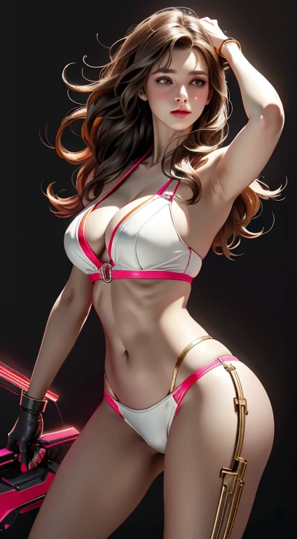 Virtual image,Realistic picture 8k,hips up,Masterpiece,Highest quality,Maximum details,Perfect Anatomy,Complete dynamic composition,Comfortable light,Light hits from the side.,young woman wearing brown hair,alone,Cybernetics,complex machinery,Metallic white and red machines_gold,The machine has a large neon light on its chest.,Red and white bikini body,In the morning.